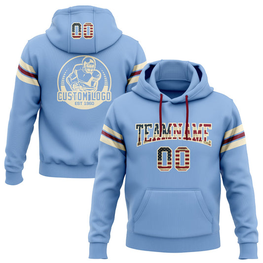 Custom Stitched Light Blue Vintage USA Flag Cream-Crimson Football Pullover Sweatshirt Hoodie - Main View