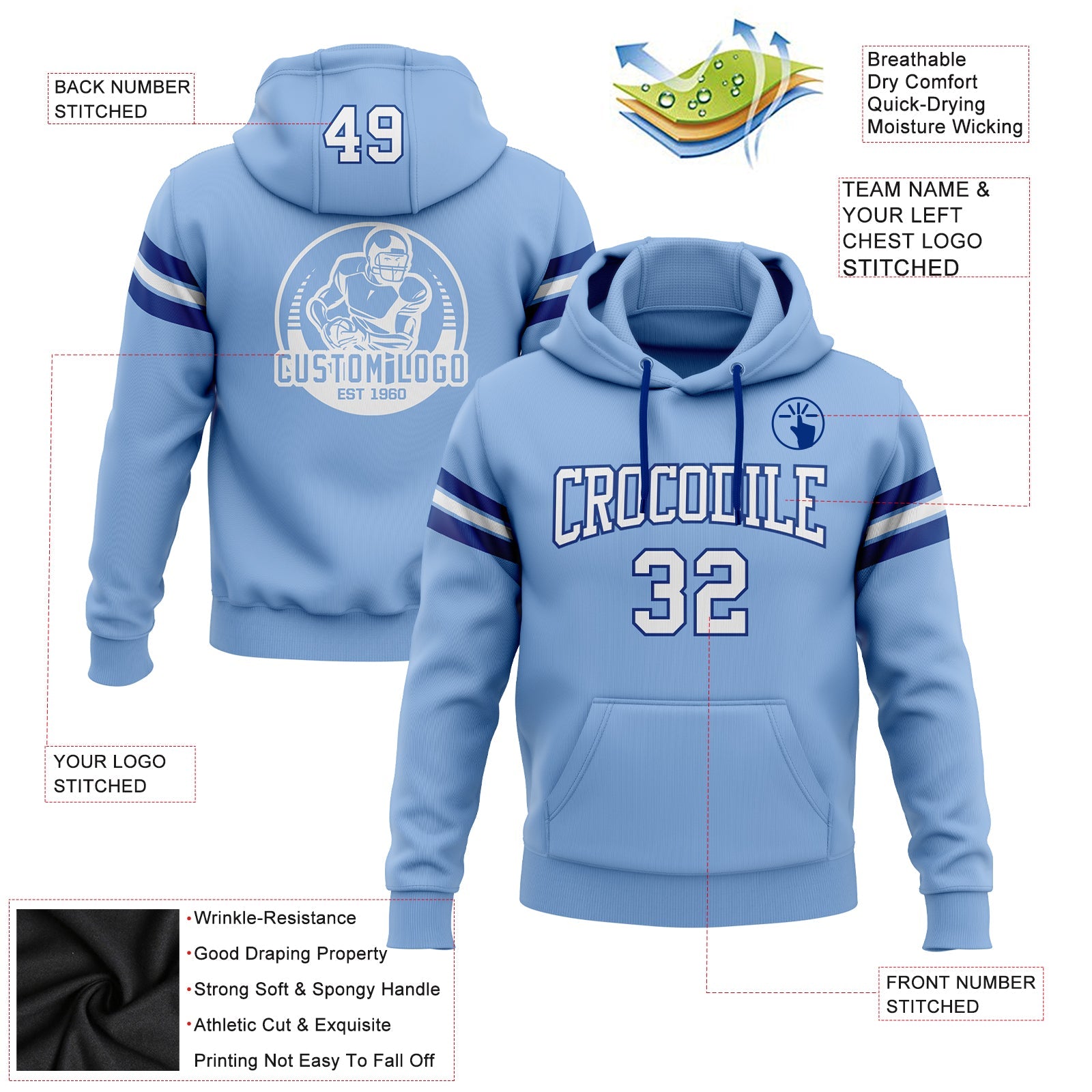 Custom Stitched Light Blue White-Royal Football Pullover Sweatshirt Hoodie view 2