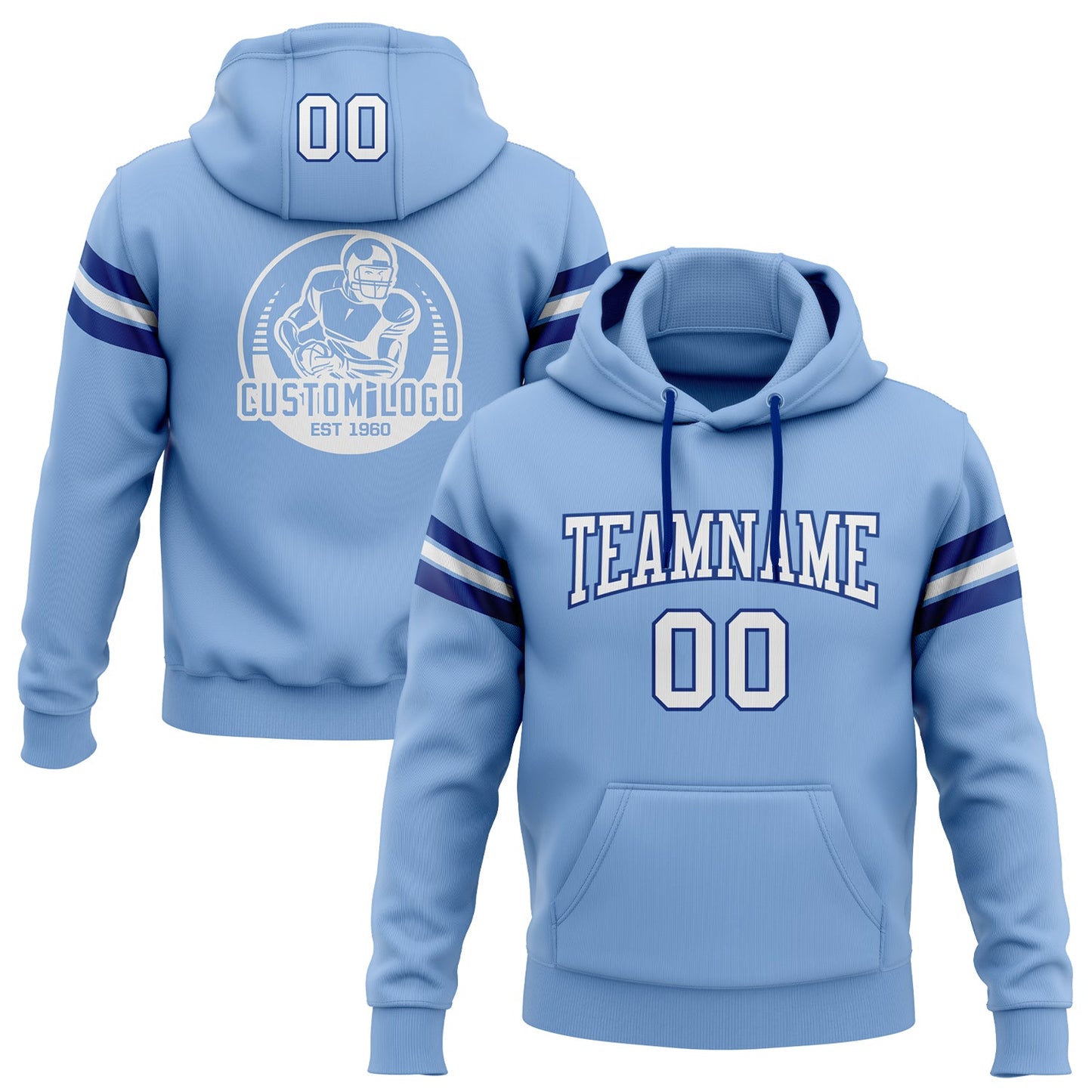 Custom Stitched Light Blue White-Royal Football Pullover Sweatshirt Hoodie - Main View
