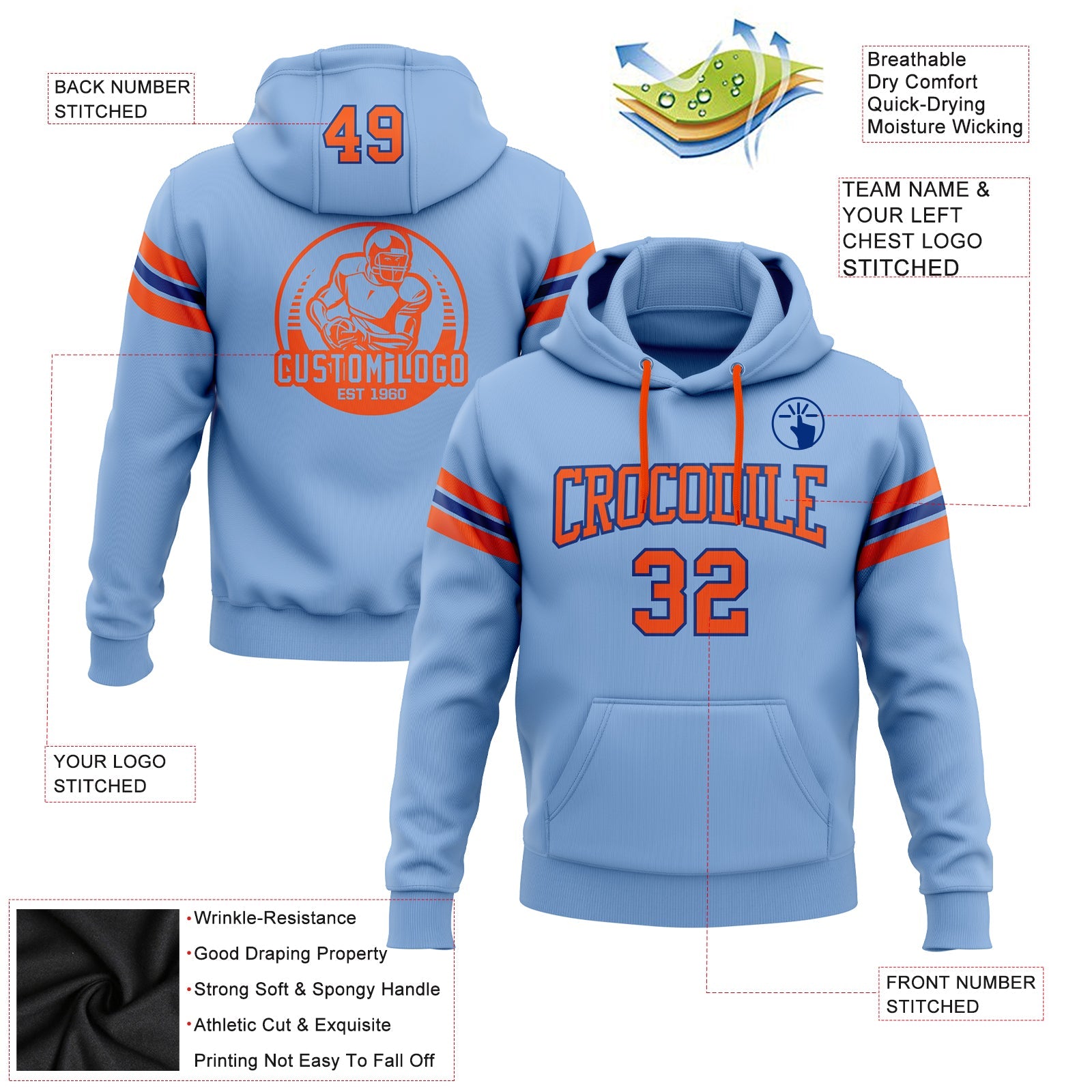 Custom Stitched Light Blue Orange-Royal Football Pullover Sweatshirt Hoodie view 2