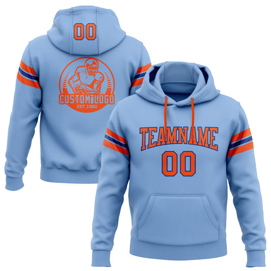 Custom Stitched Light Blue Orange-Royal Football Pullover Sweatshirt Hoodie - Main View