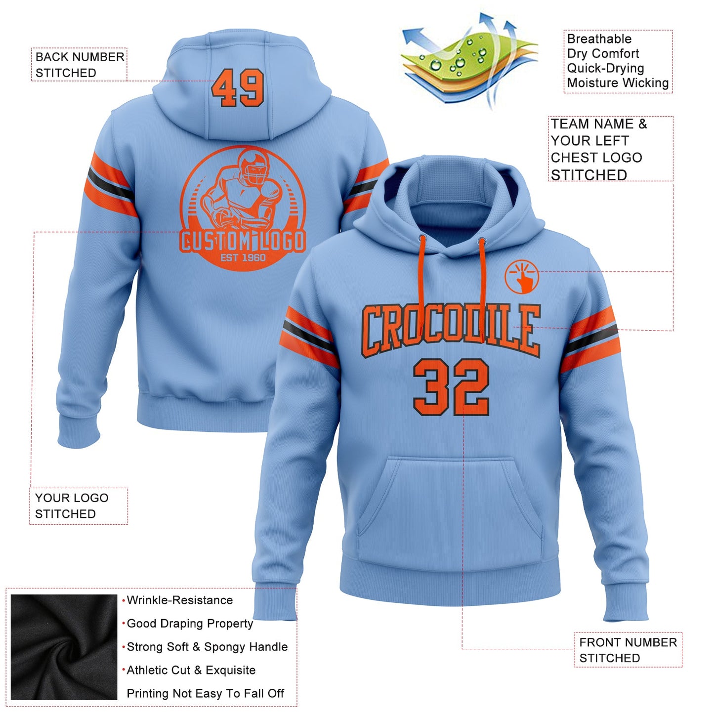 Custom Stitched Light Blue Orange-Black Football Pullover Sweatshirt Hoodie view 2
