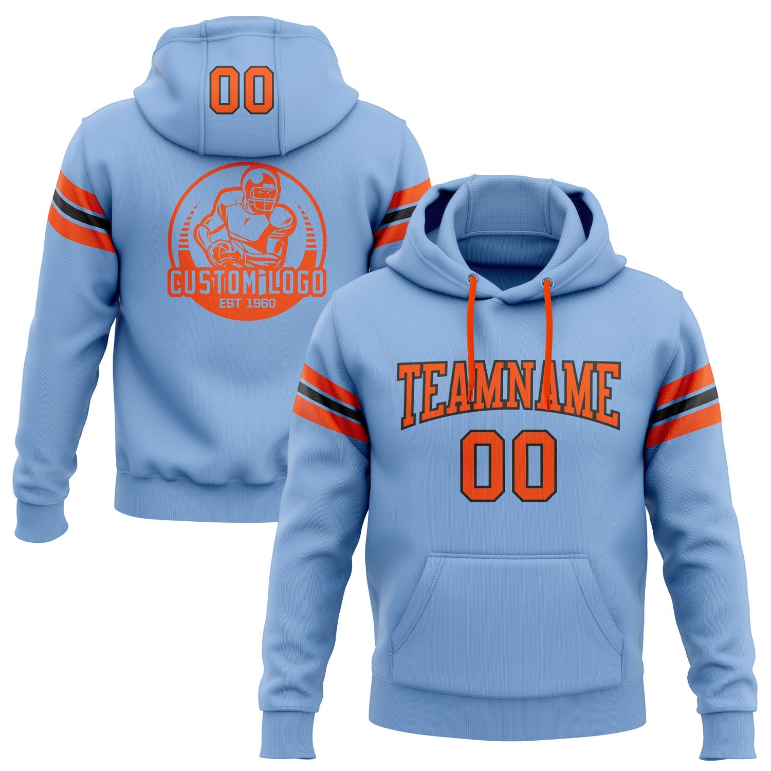 Custom Stitched Light Blue Orange-Black Football Pullover Sweatshirt Hoodie - Main View