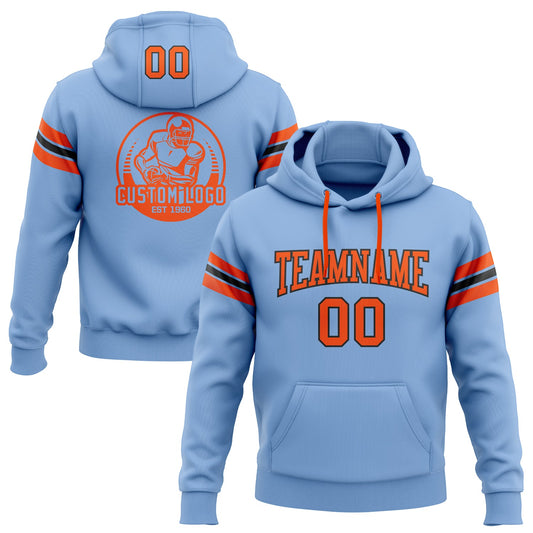 Custom Stitched Light Blue Orange-Black Football Pullover Sweatshirt Hoodie - Main View