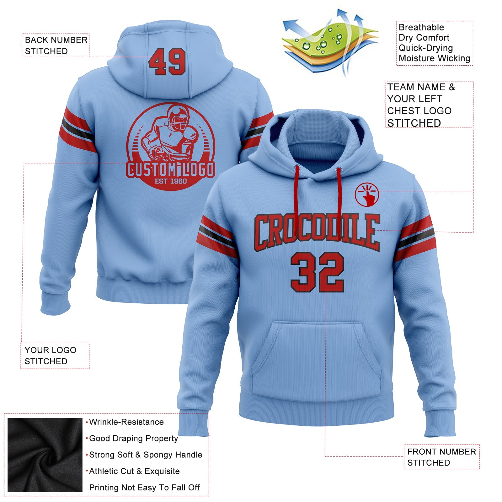 Custom Stitched Light Blue Red-Black Football Pullover Sweatshirt Hoodie view 2
