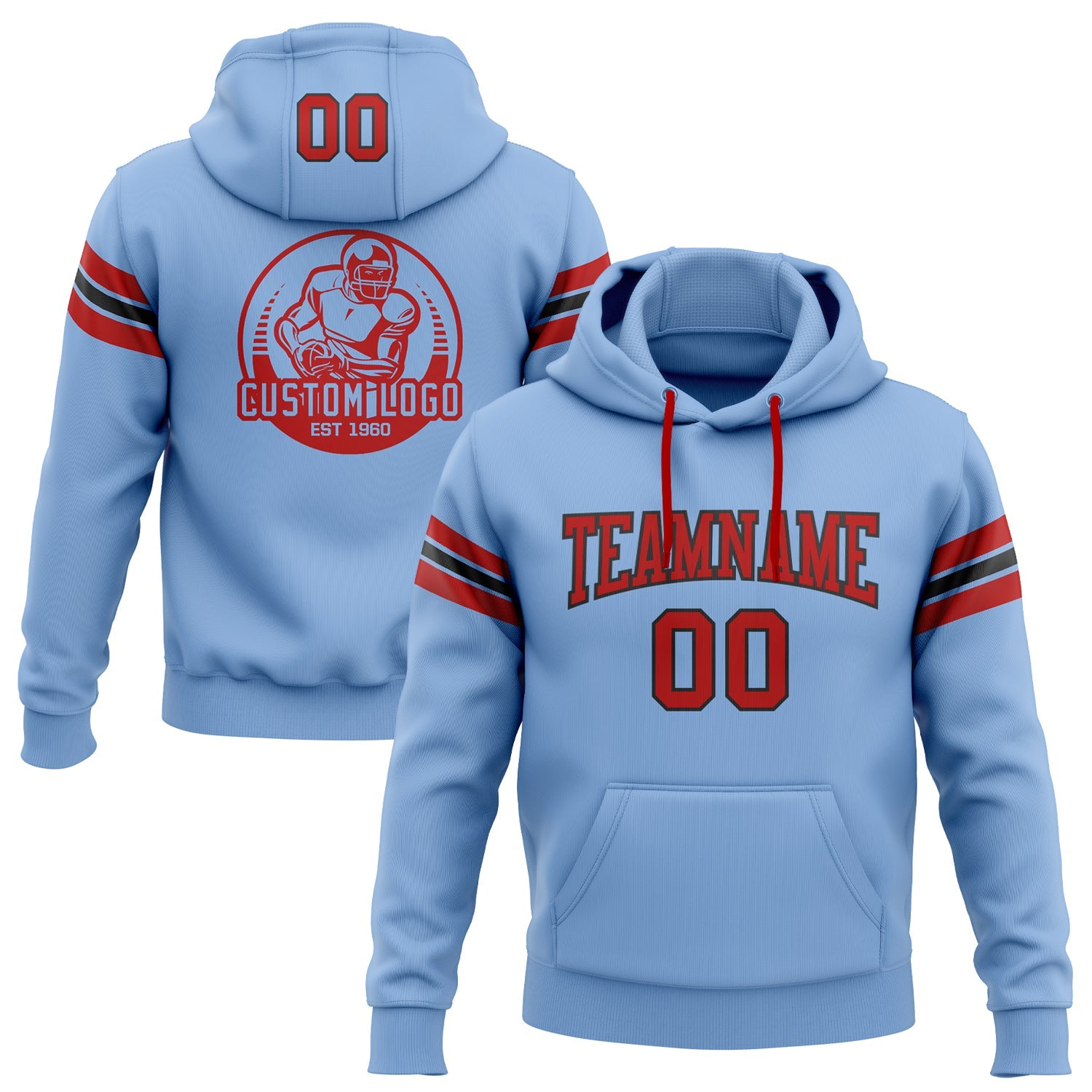 Custom Stitched Light Blue Red-Black Football Pullover Sweatshirt Hoodie - Main View