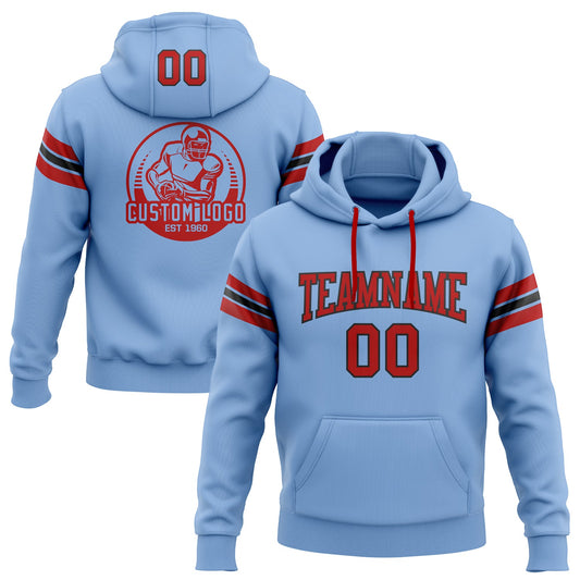Custom Stitched Light Blue Red-Black Football Pullover Sweatshirt Hoodie - Main View
