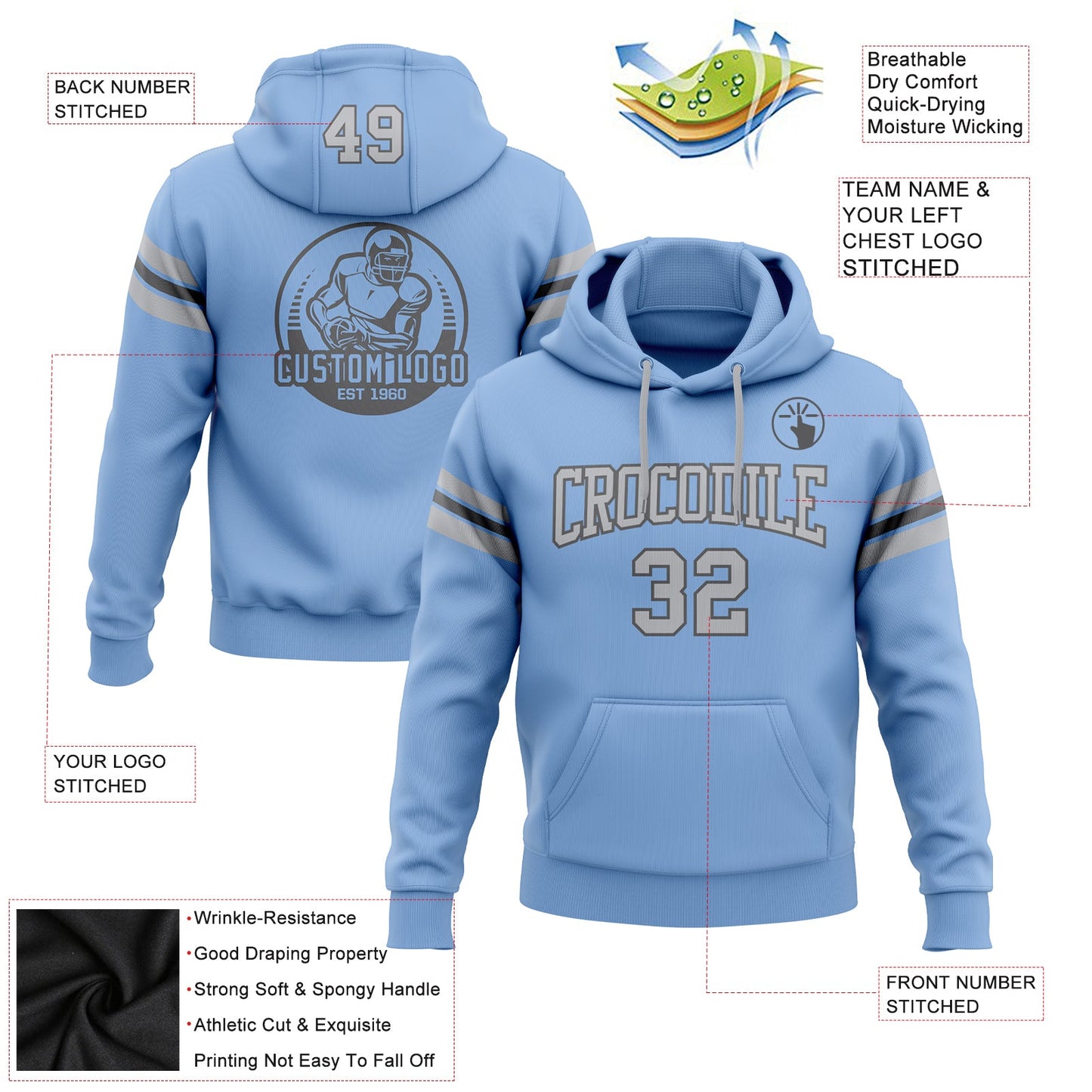 Custom Stitched Light Blue Gray-Steel Gray Football Pullover Sweatshirt Hoodie view 2