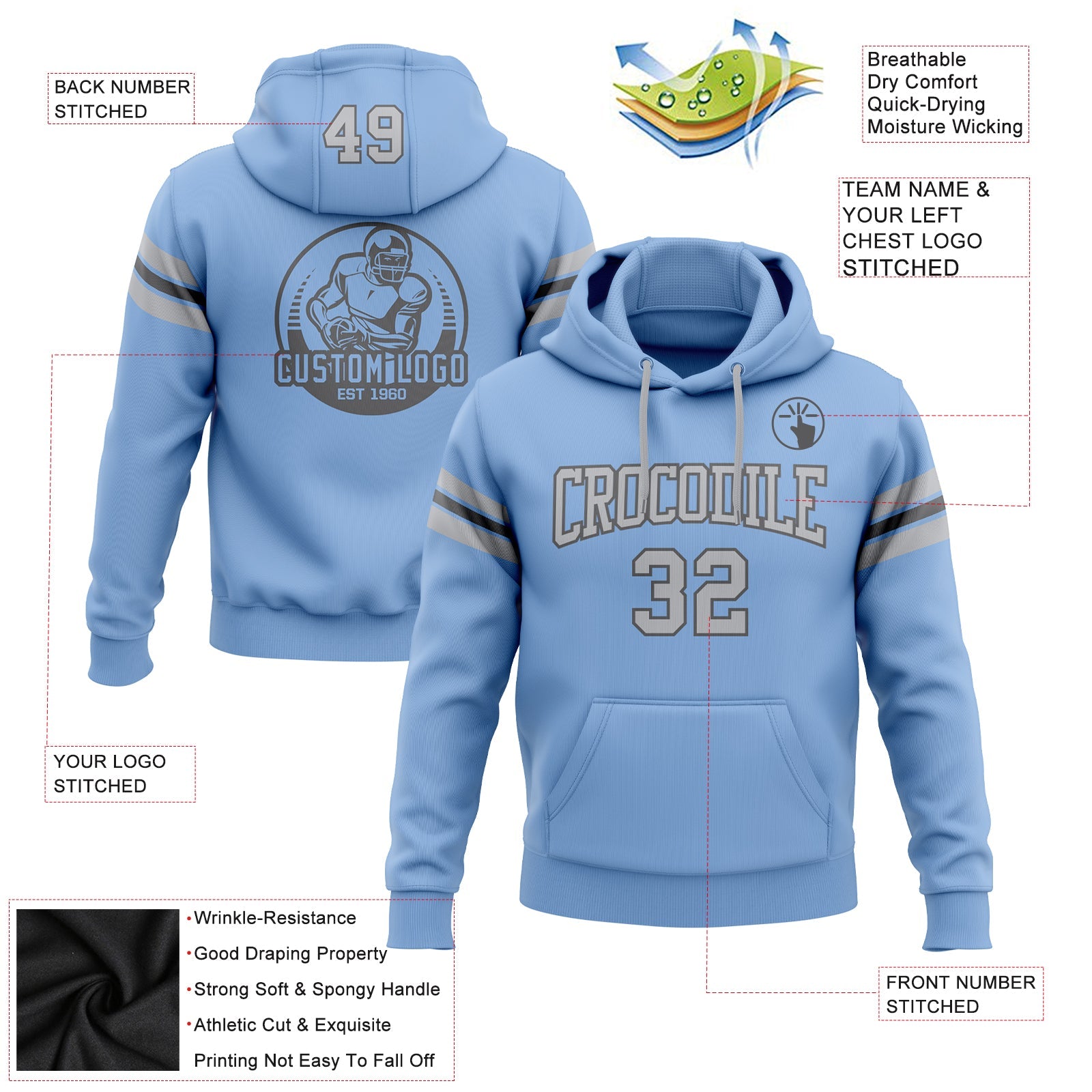 Custom Stitched Light Blue Gray-Steel Gray Football Pullover Sweatshirt Hoodie view 2