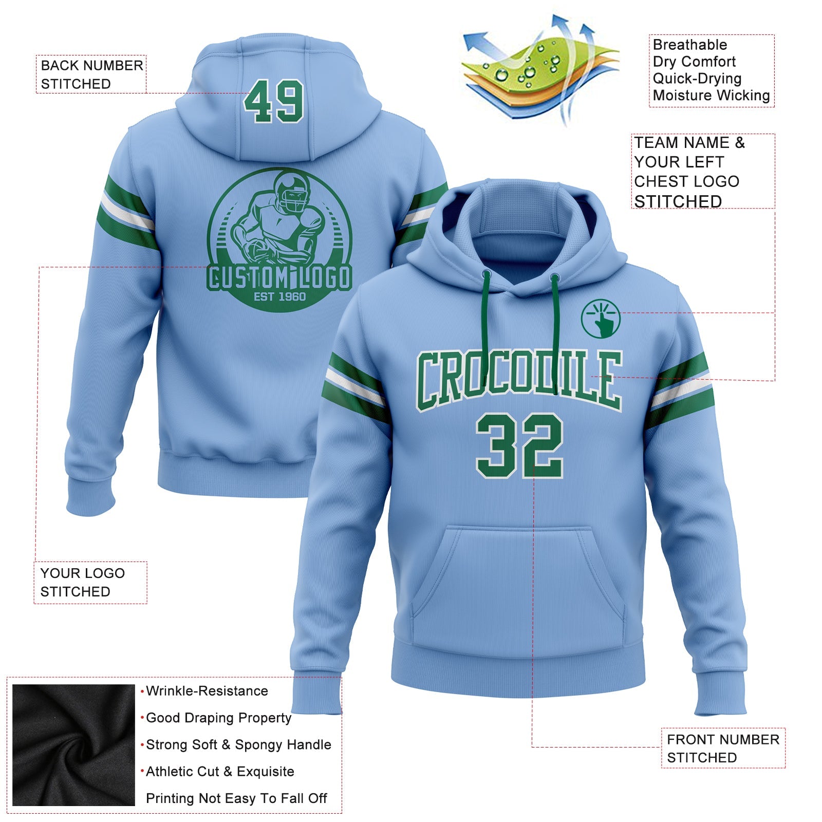 Custom Stitched Light Blue Kelly Green-White Football Pullover Sweatshirt Hoodie view 2