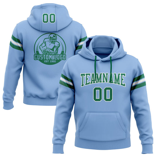 Custom Stitched Light Blue Kelly Green-White Football Pullover Sweatshirt Hoodie - Main View