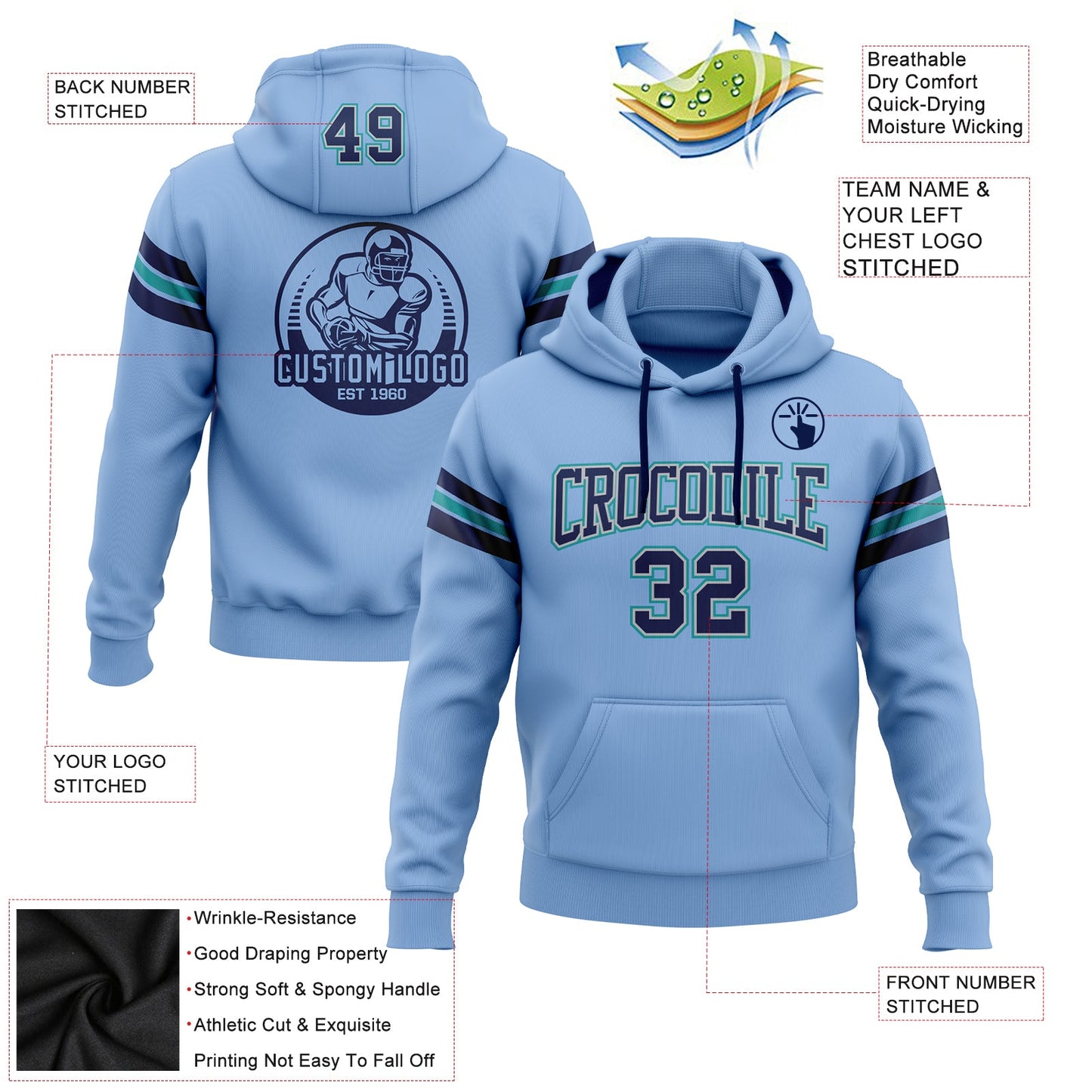 Custom Stitched Light Blue Navy Gray-Teal Football Pullover Sweatshirt Hoodie view 2