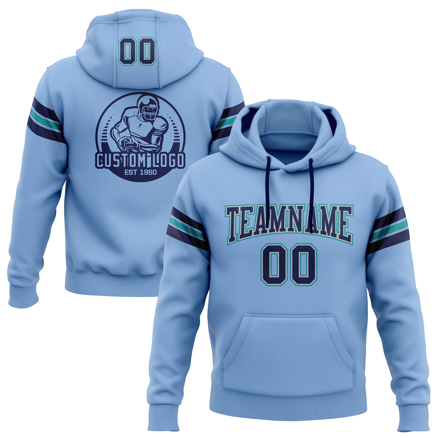 Custom Stitched Light Blue Navy Gray-Teal Football Pullover Sweatshirt Hoodie - Main View