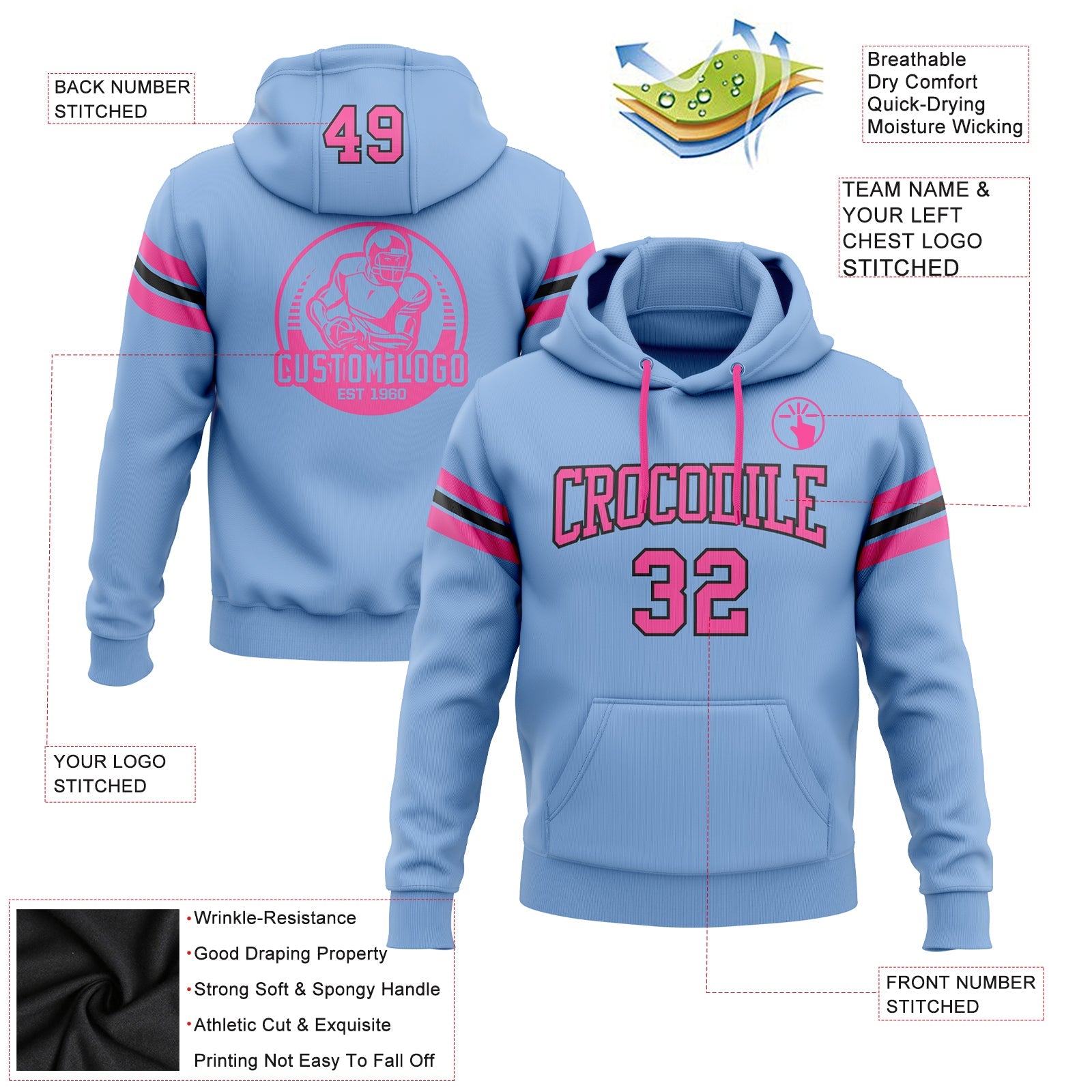 Custom Stitched Light Blue Pink-Black Football Pullover Sweatshirt Hoodie view 2