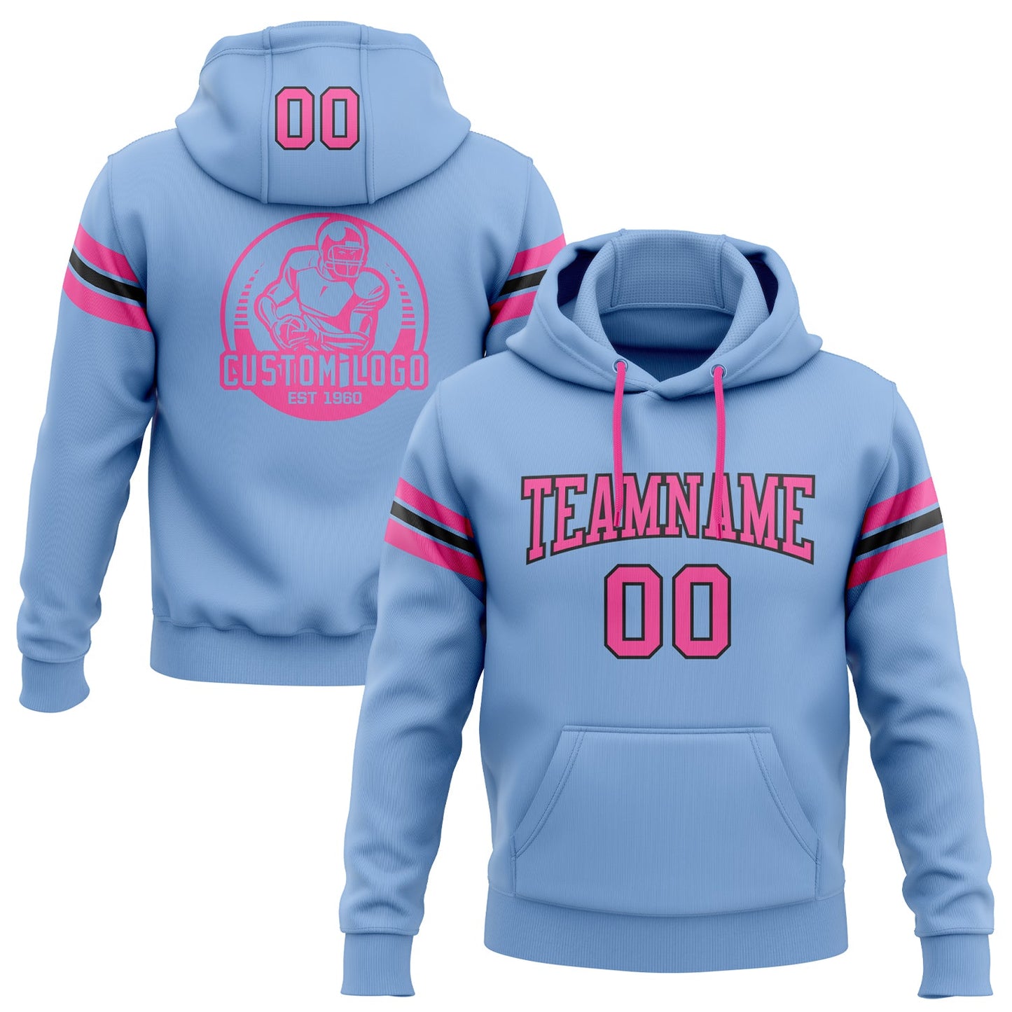 Custom Stitched Light Blue Pink-Black Football Pullover Sweatshirt Hoodie - Main View