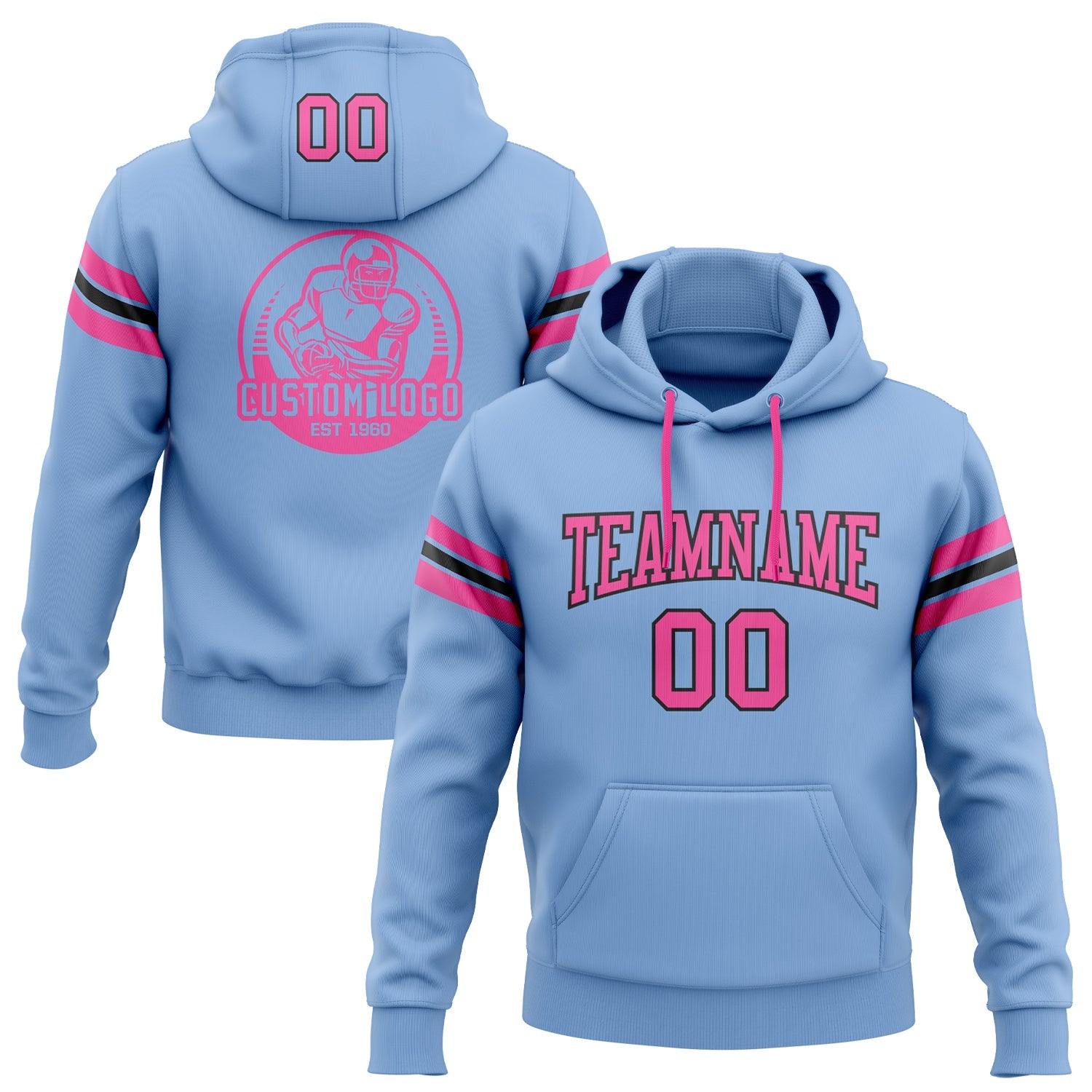 Custom Stitched Light Blue Pink-Black Football Pullover Sweatshirt Hoodie - Main View