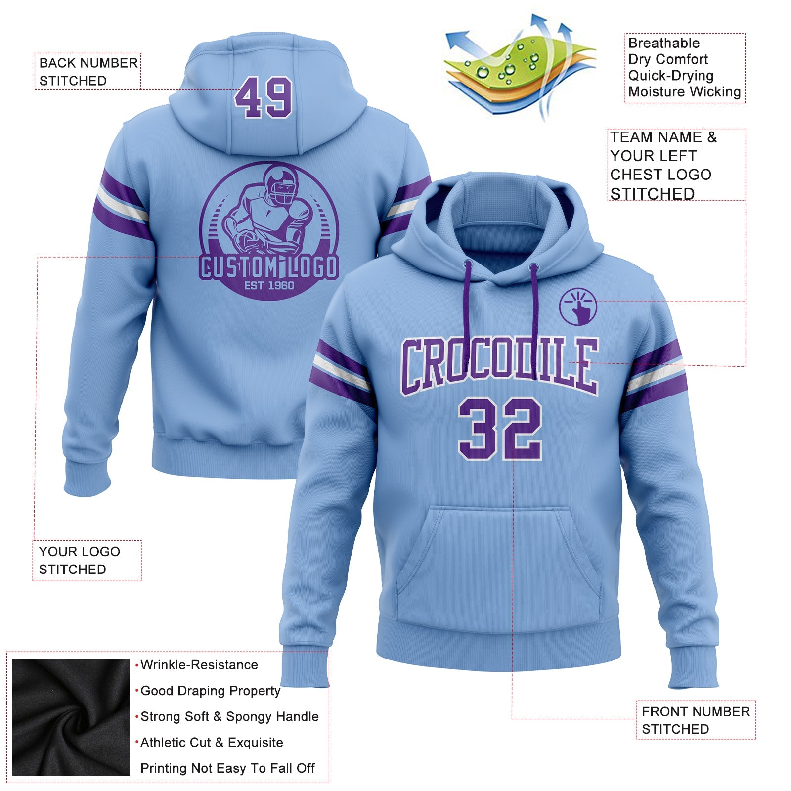 Custom Stitched Light Blue Purple-White Football Pullover Sweatshirt Hoodie view 2