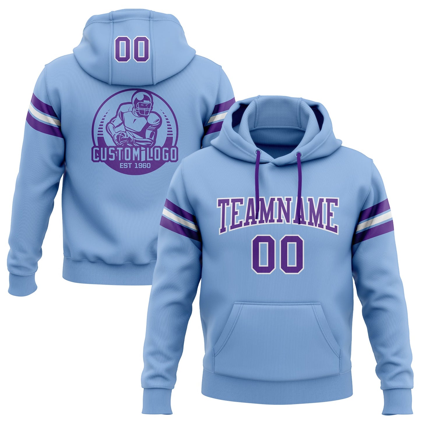Custom Stitched Light Blue Purple-White Football Pullover Sweatshirt Hoodie - Main View