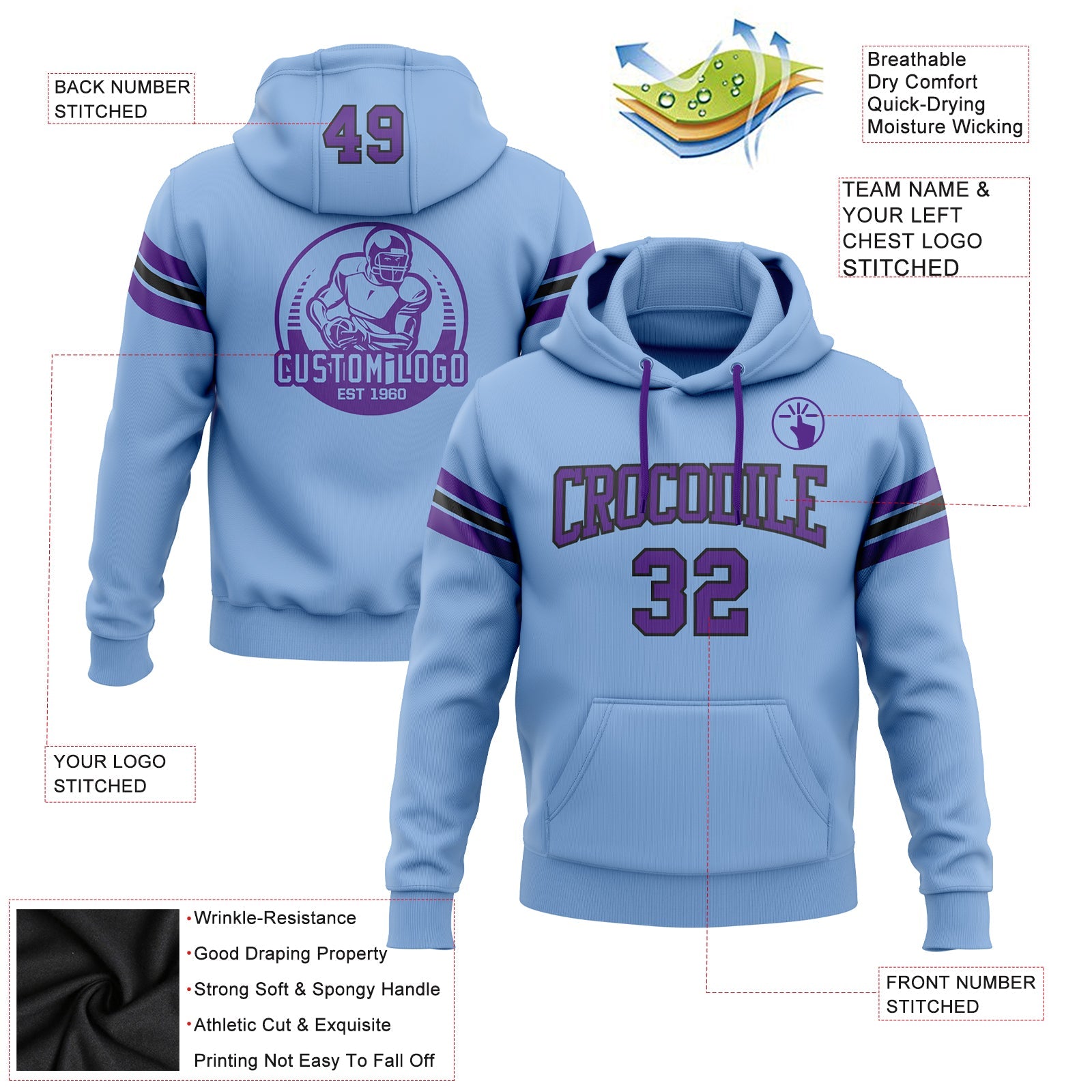 Custom Stitched Light Blue Purple-Black Football Pullover Sweatshirt Hoodie view 2
