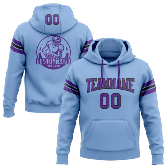 Custom Stitched Light Blue Purple-Black Football Pullover Sweatshirt Hoodie - Main View
