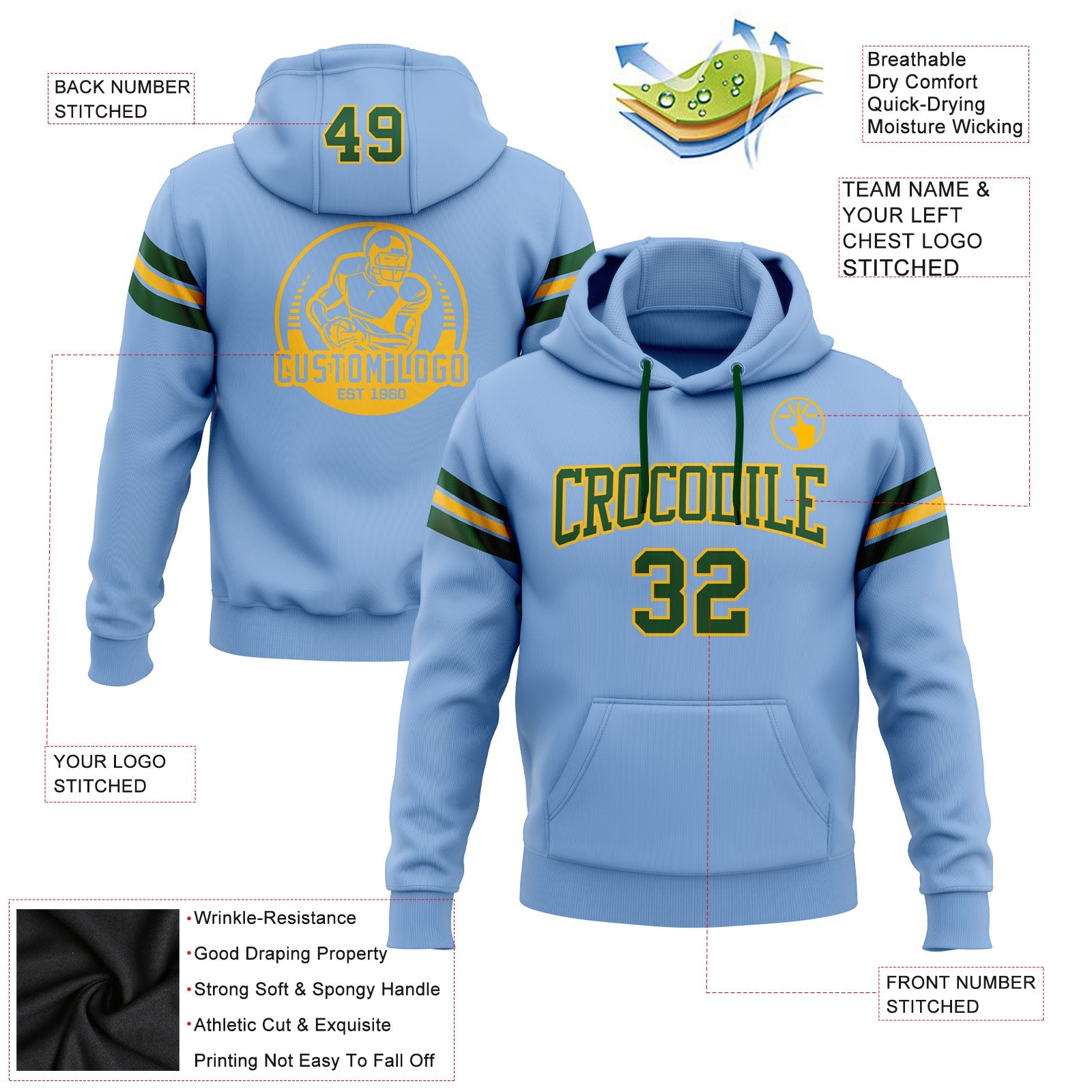 Custom Stitched Light Blue Green-Gold Football Pullover Sweatshirt Hoodie view 2