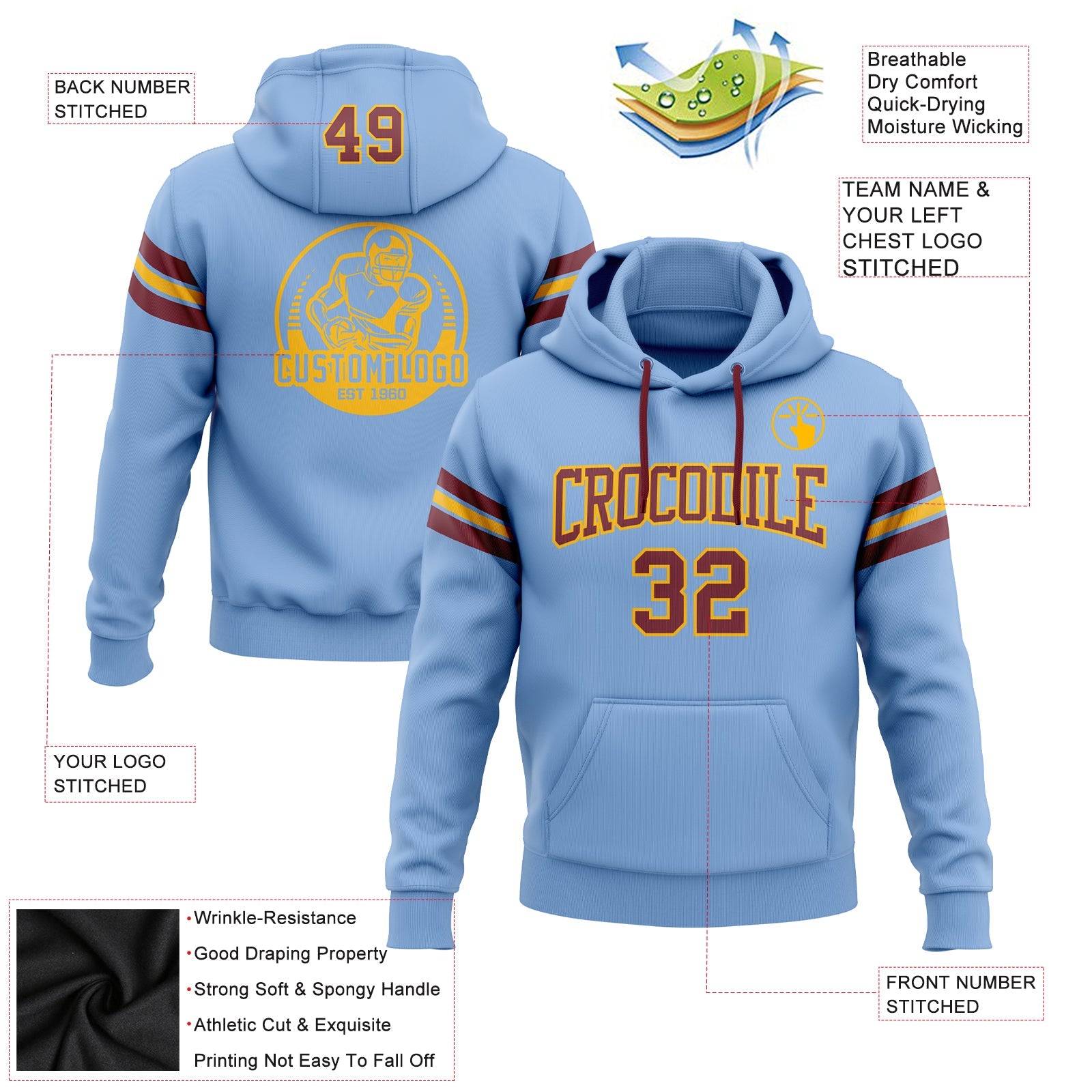 Custom Stitched Light Blue Burgundy-Gold Football Pullover Sweatshirt Hoodie view 2