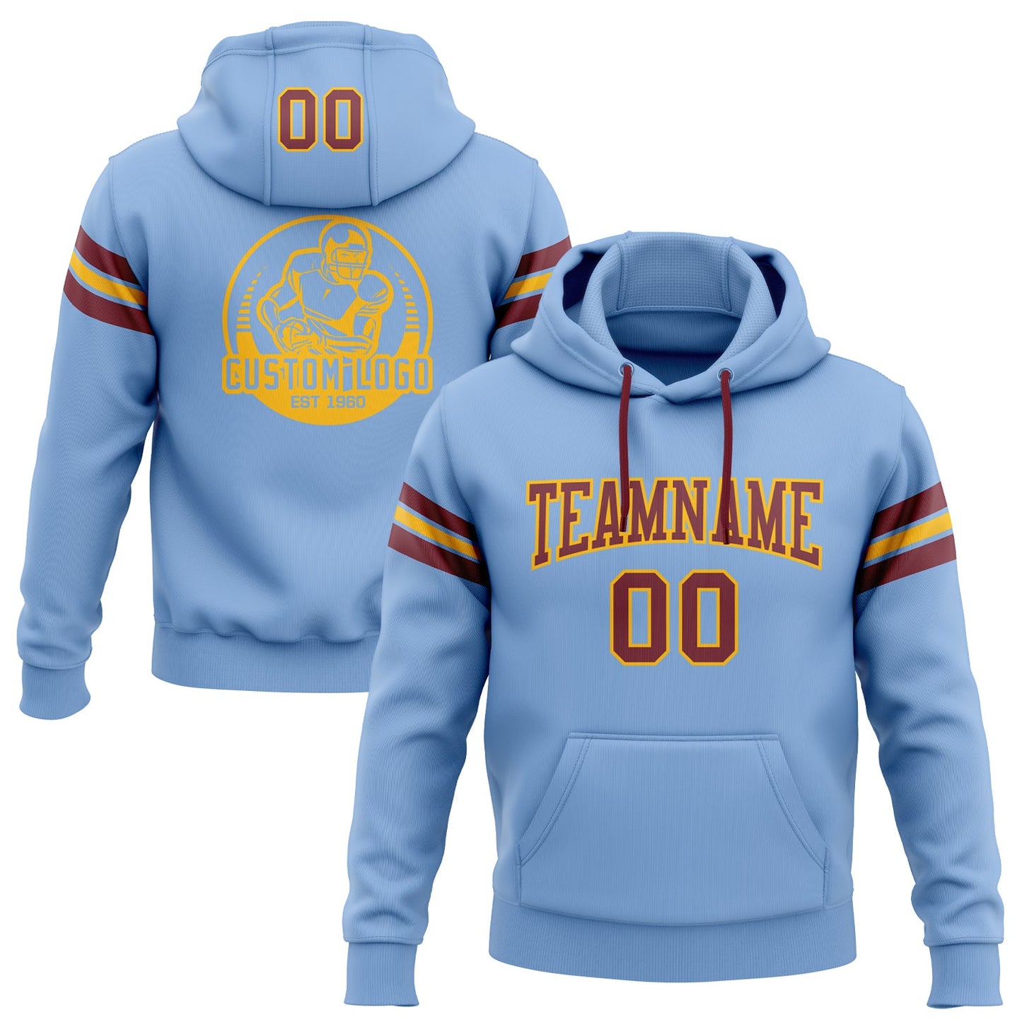 Custom Stitched Light Blue Burgundy-Gold Football Pullover Sweatshirt Hoodie - Main View