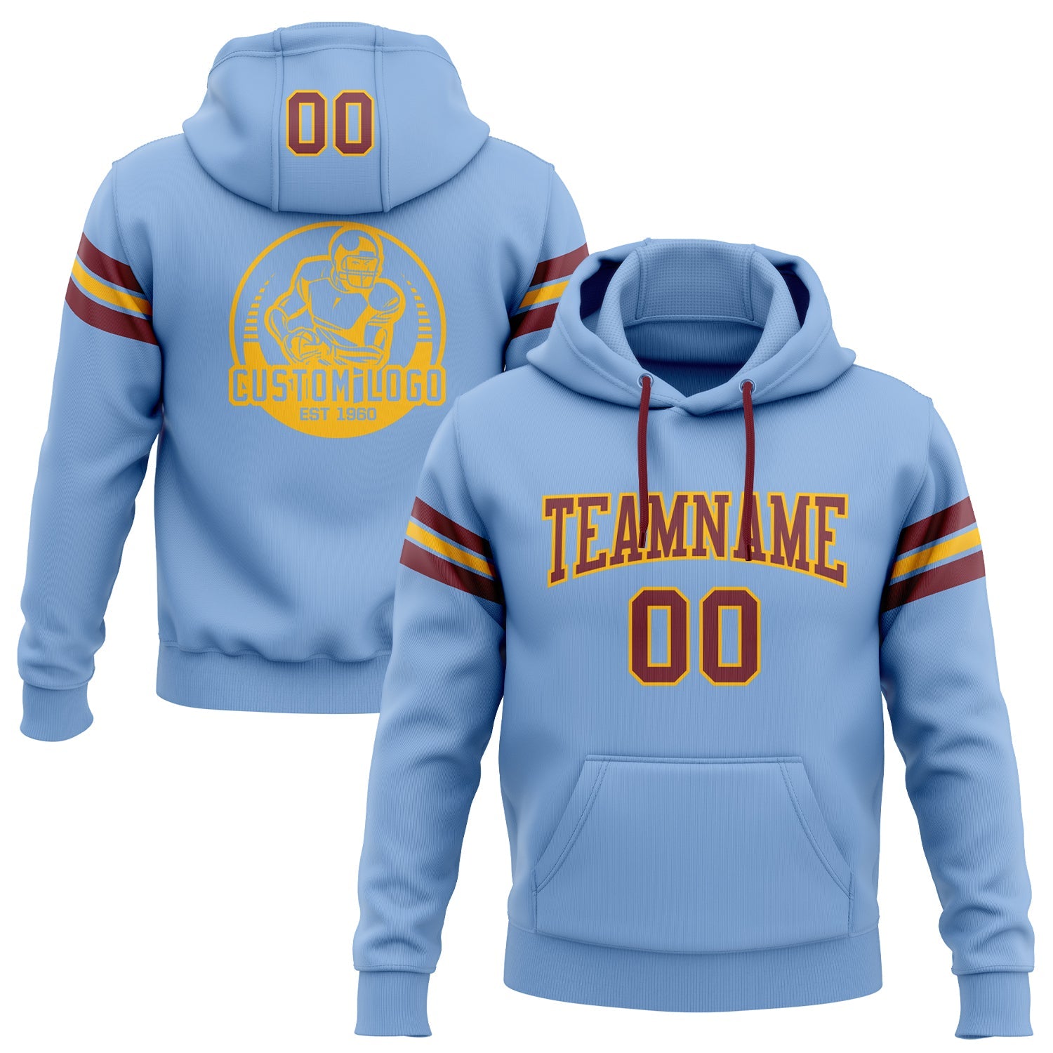Custom Stitched Light Blue Burgundy-Gold Football Pullover Sweatshirt Hoodie - Main View