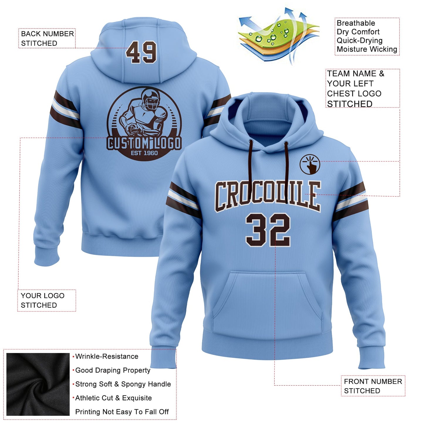 Custom Stitched Light Blue Brown-White Football Pullover Sweatshirt Hoodie view 2