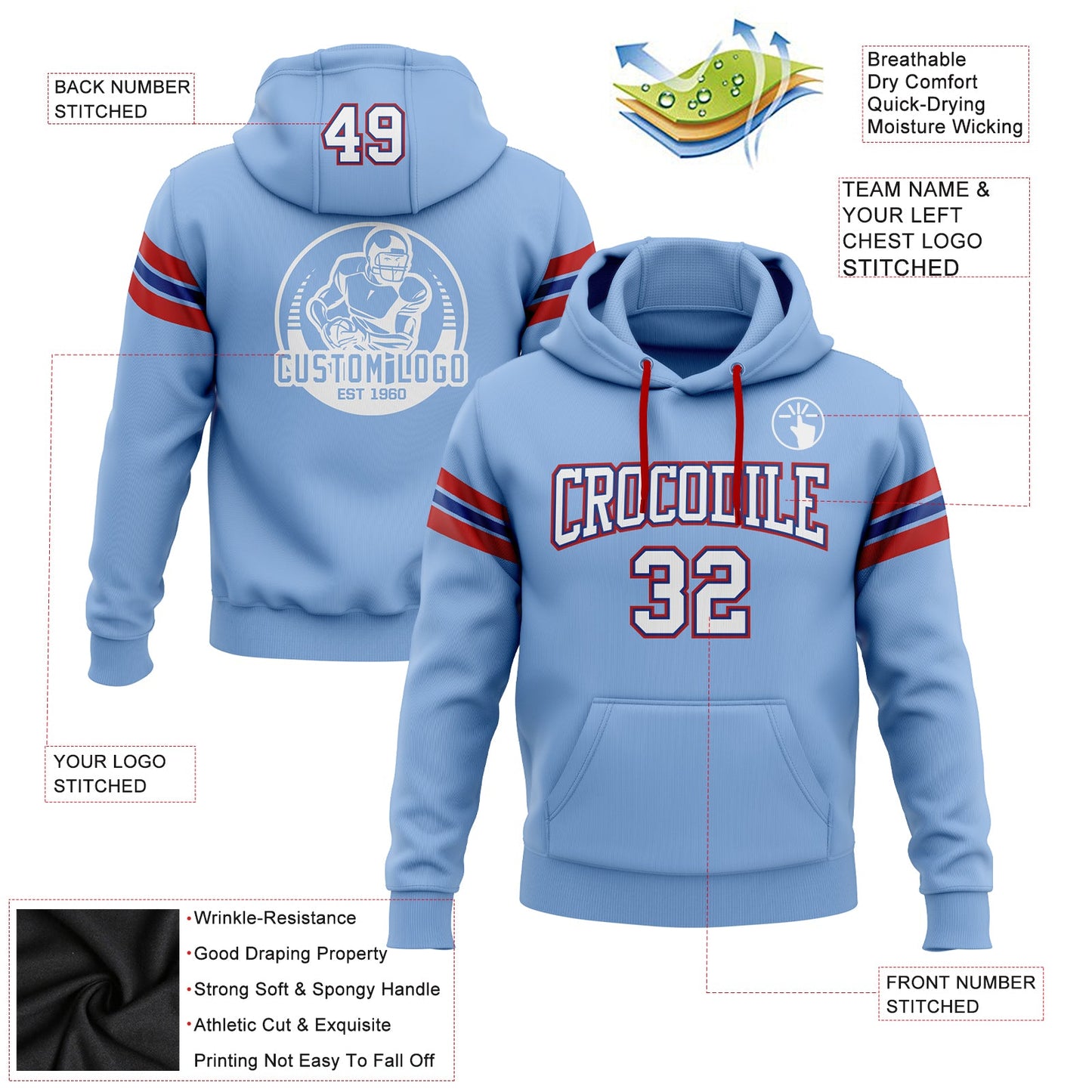 Custom Stitched Light Blue White Royal-Red Football Pullover Sweatshirt Hoodie view 2