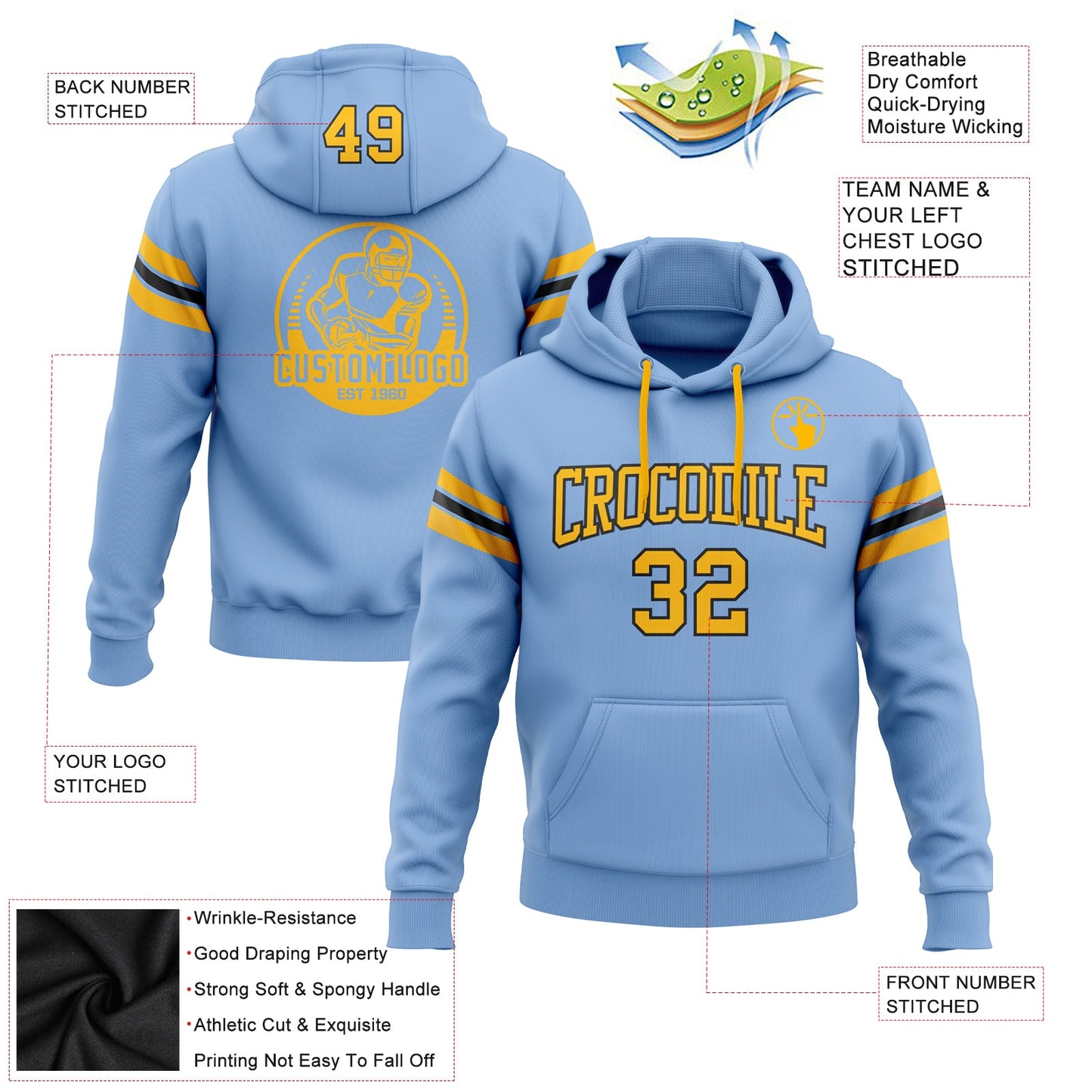 Custom Stitched Light Blue Gold-Black Football Pullover Sweatshirt Hoodie view 2
