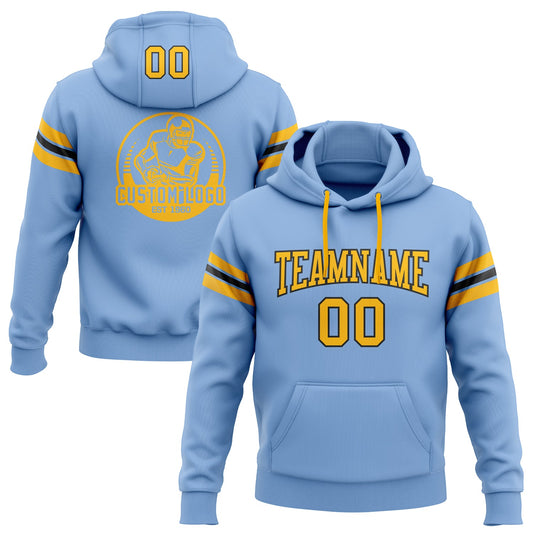 Custom Stitched Light Blue Gold-Black Football Pullover Sweatshirt Hoodie - Main View