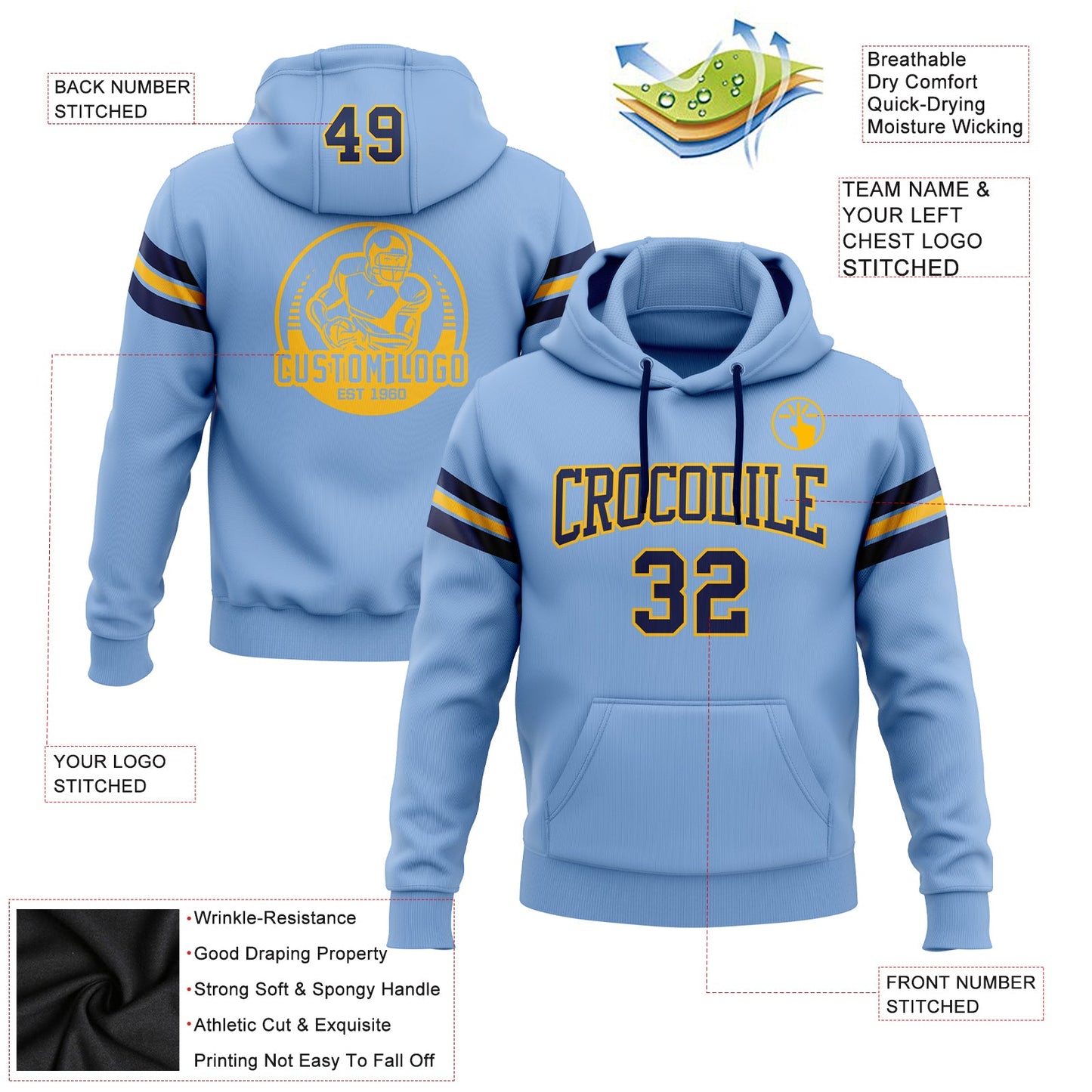 Custom Stitched Light Blue Navy-Gold Football Pullover Sweatshirt Hoodie view 2