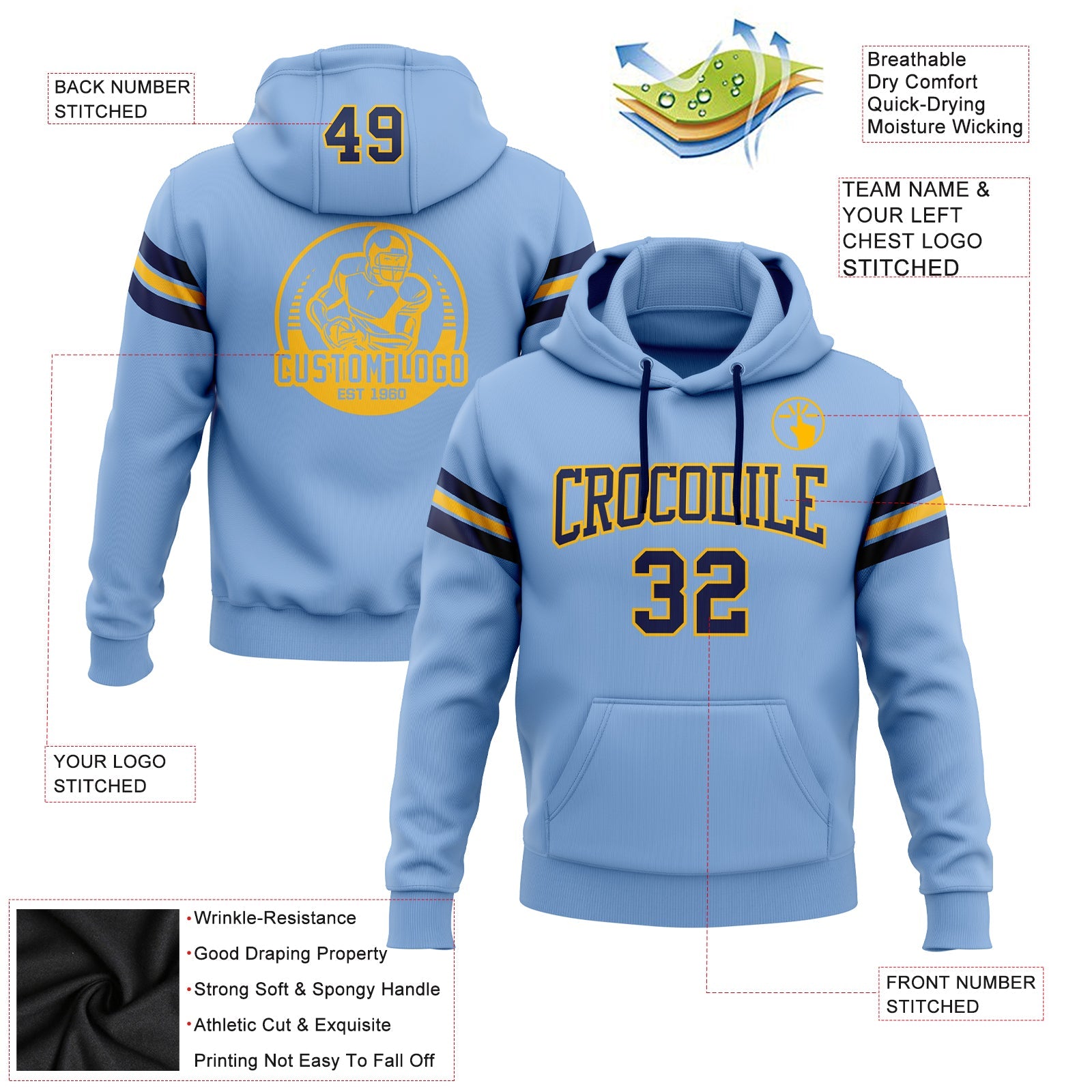 Custom Stitched Light Blue Navy-Gold Football Pullover Sweatshirt Hoodie view 2