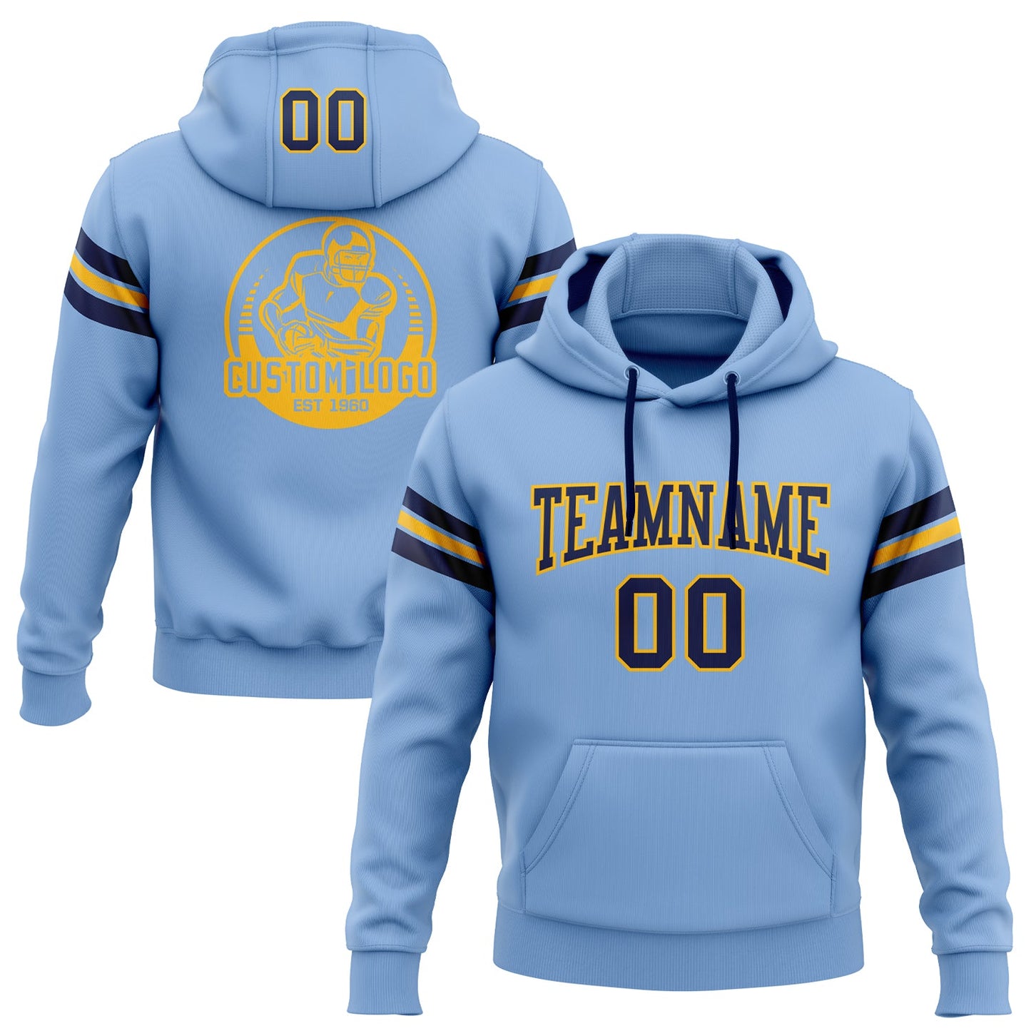Custom Stitched Light Blue Navy-Gold Football Pullover Sweatshirt Hoodie - Main View