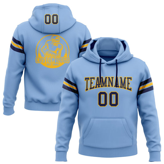 Custom Stitched Light Blue Navy-Gold Football Pullover Sweatshirt Hoodie - Main View
