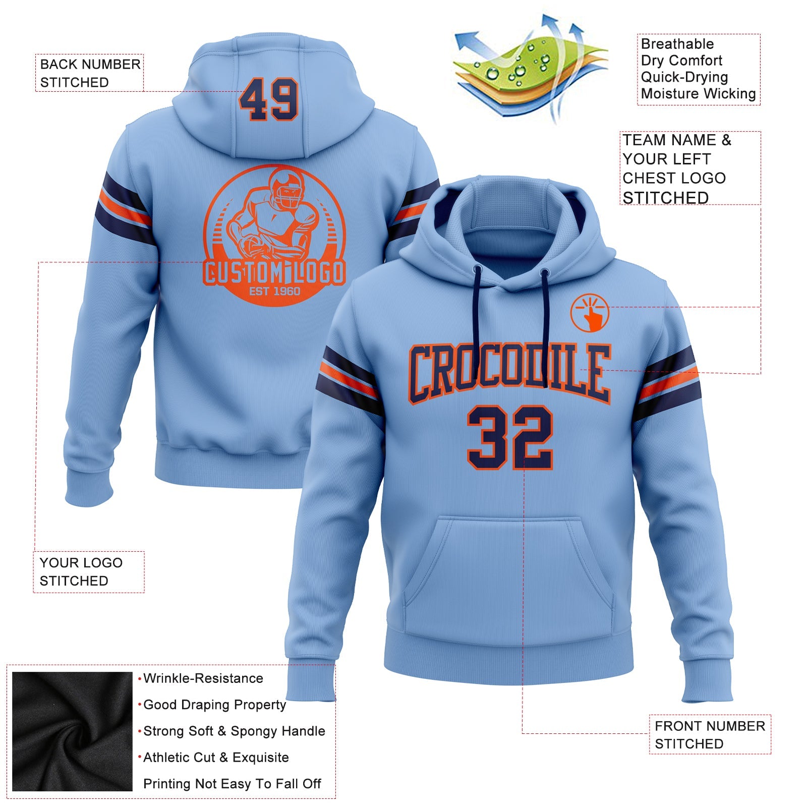 Custom Stitched Light Blue Navy-Orange Football Pullover Sweatshirt Hoodie view 2