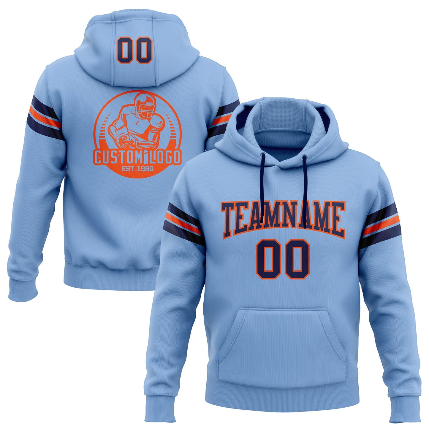 Custom Stitched Light Blue Navy-Orange Football Pullover Sweatshirt Hoodie - Main View
