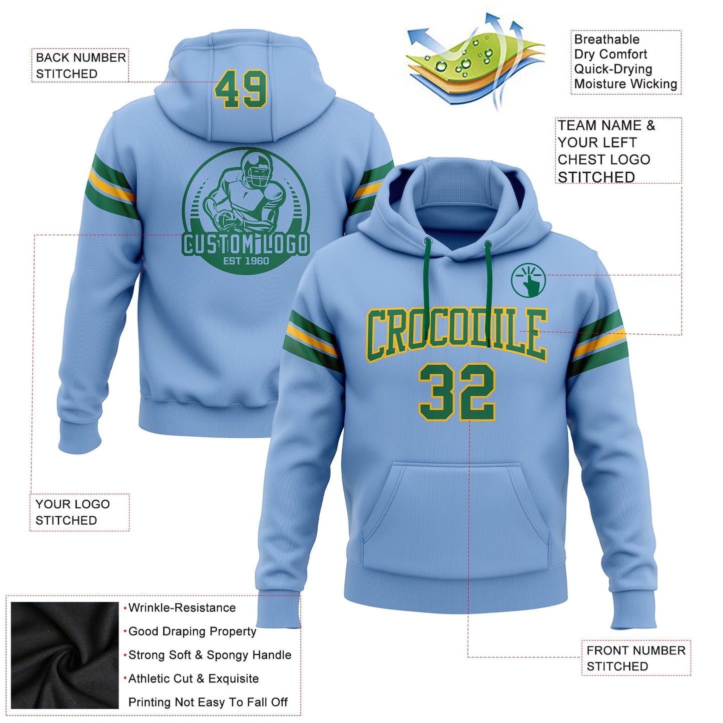 Custom Stitched Light Blue Kelly Green-Gold Football Pullover Sweatshirt Hoodie view 2