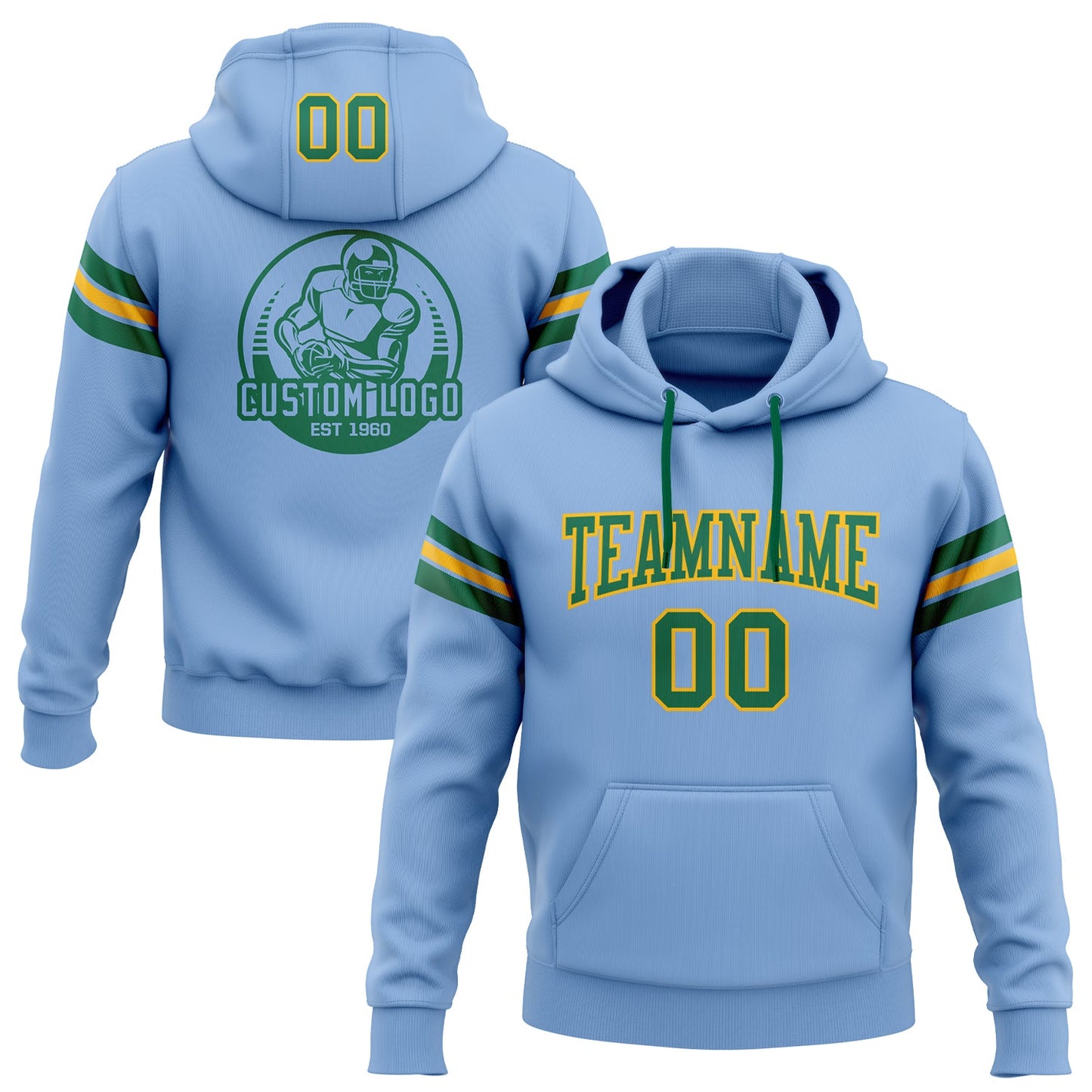 Custom Stitched Light Blue Kelly Green-Gold Football Pullover Sweatshirt Hoodie - Main View
