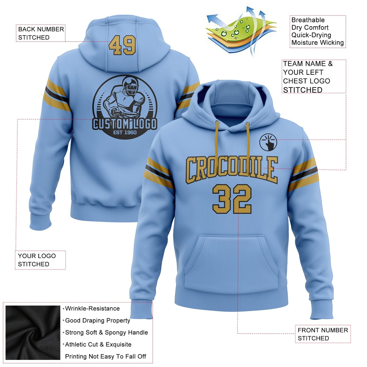 Custom Stitched Light Blue Old Gold-Black Football Pullover Sweatshirt Hoodie view 2
