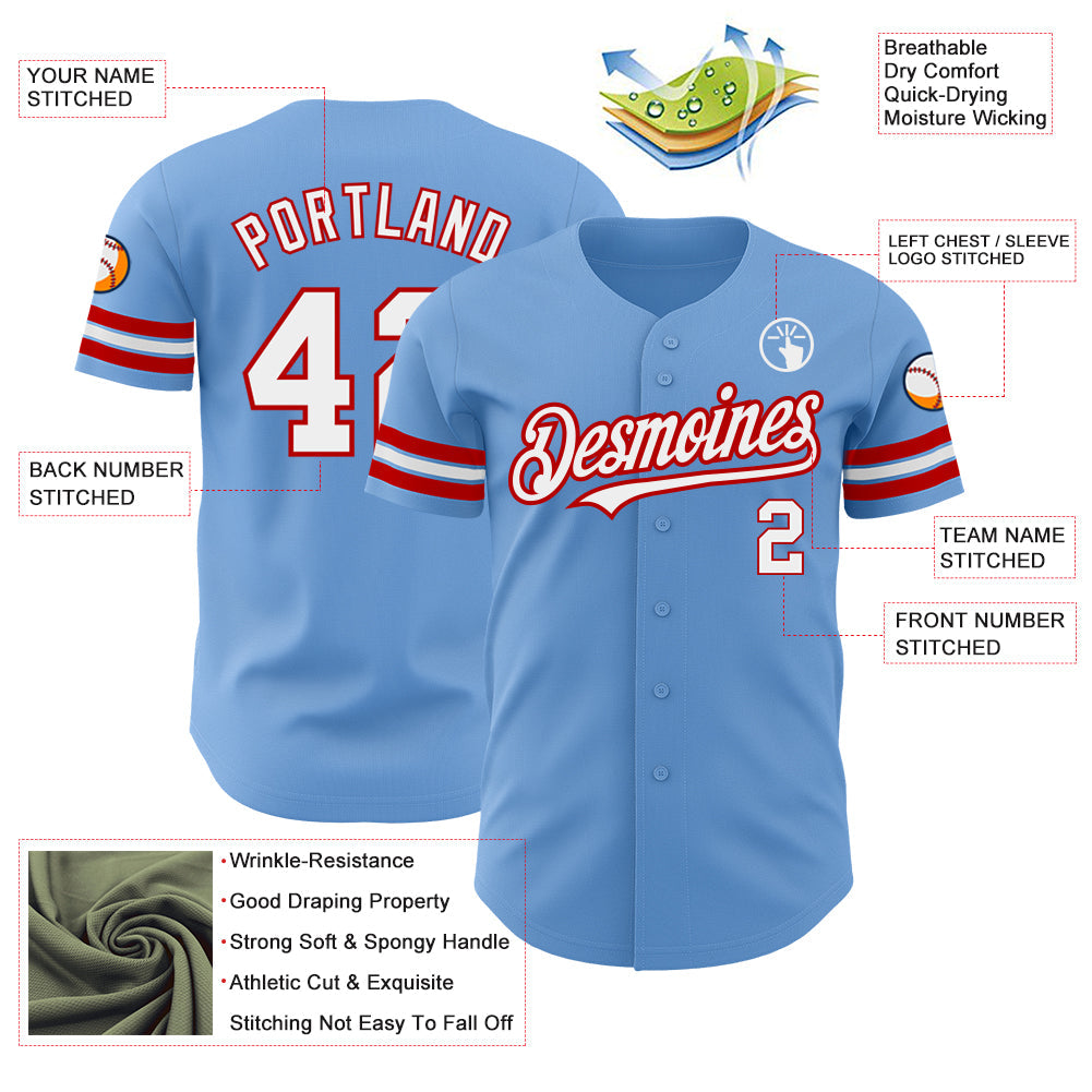 Custom Light Blue White-Red Authentic Baseball Jersey view 3