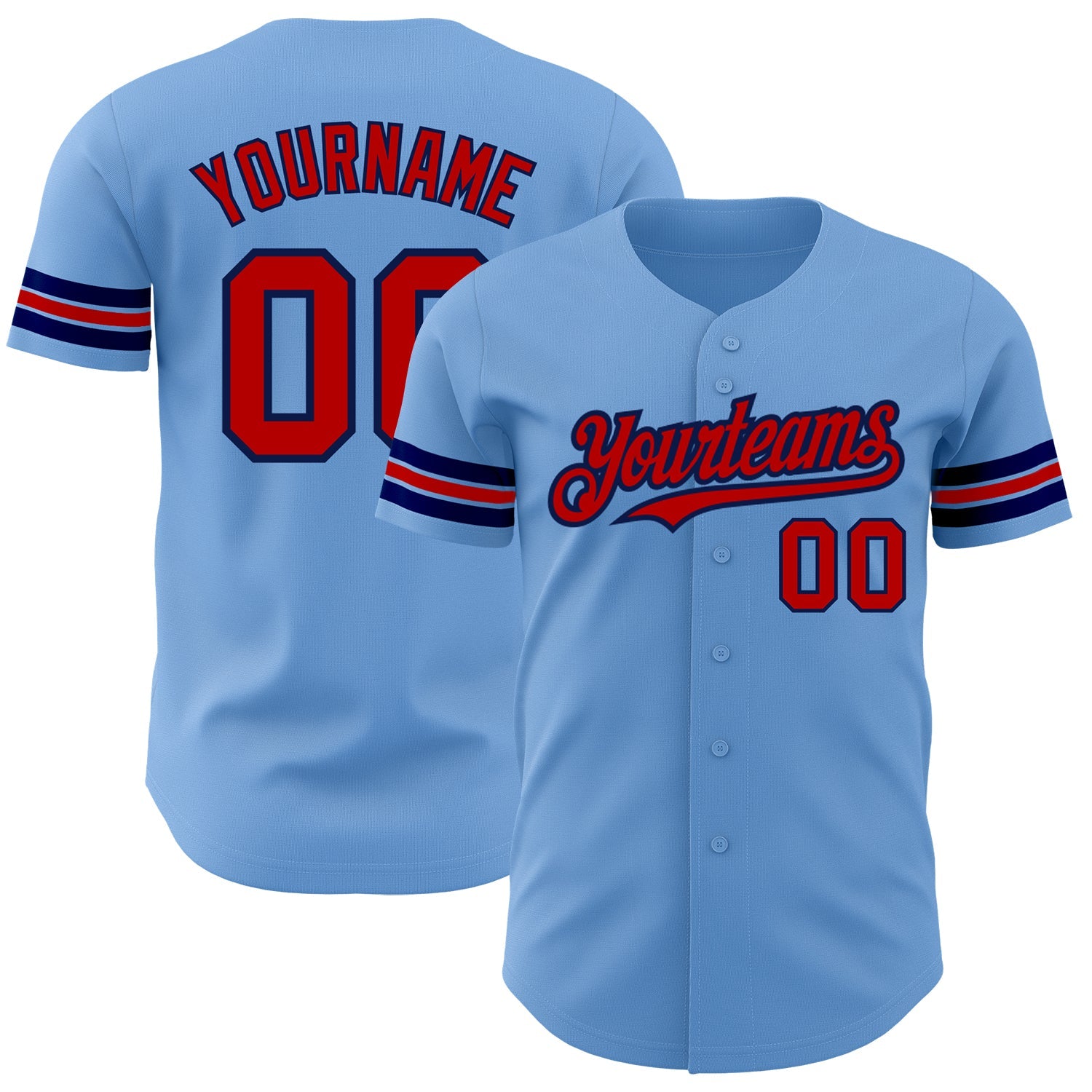 Custom Light Blue Red-Navy Authentic Baseball Jersey - Main View
