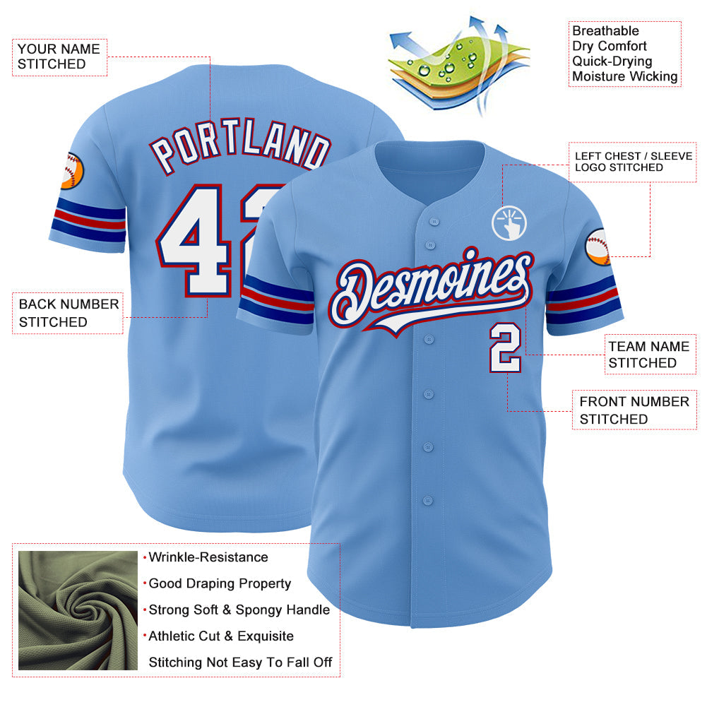 Custom Light Blue White Royal-Red Authentic Baseball Jersey view 3