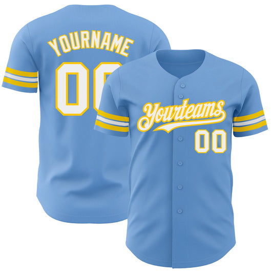Custom Light Blue White-Yellow Authentic Baseball Jersey - Main View