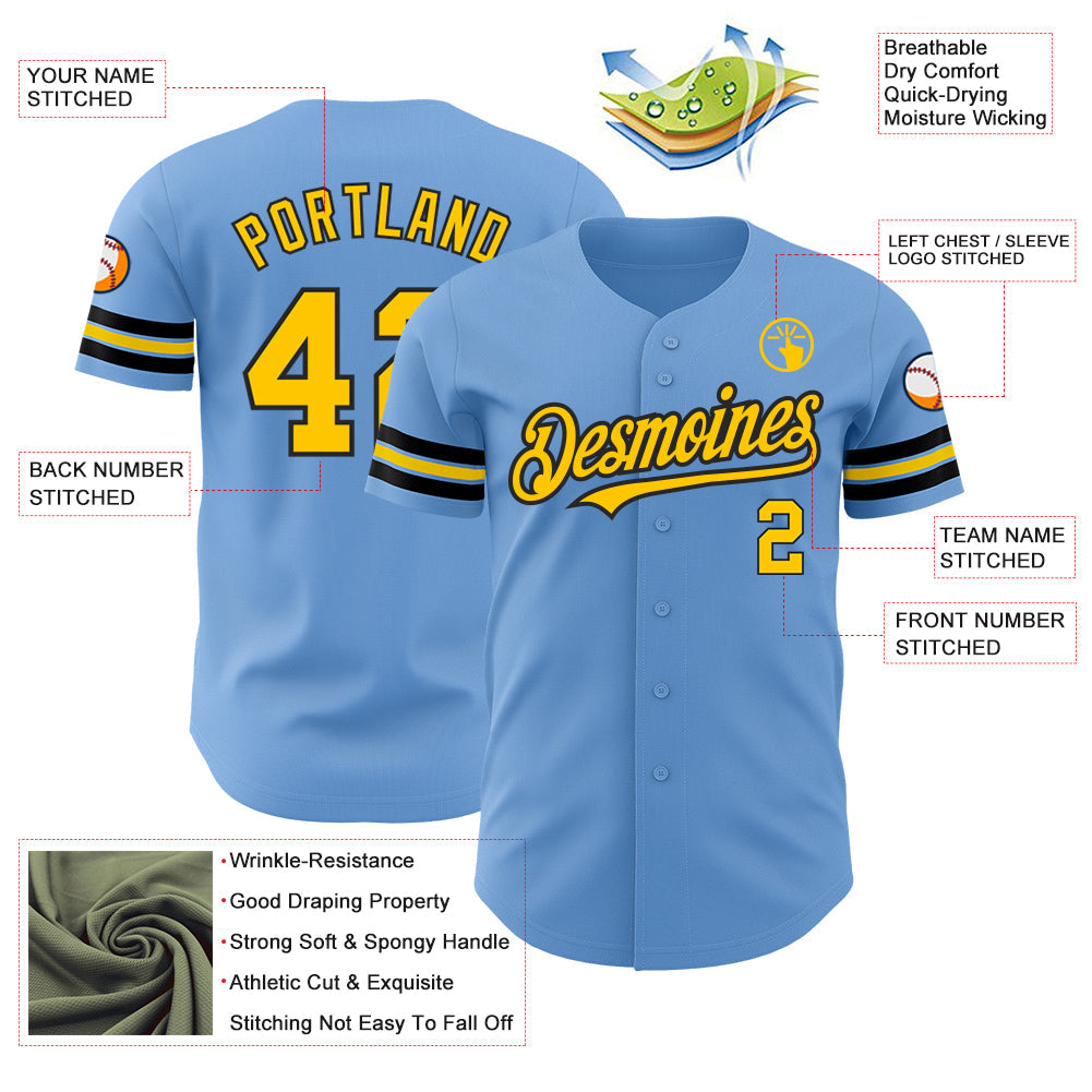 Custom Light Blue Yellow-Black Authentic Baseball Jersey view 3