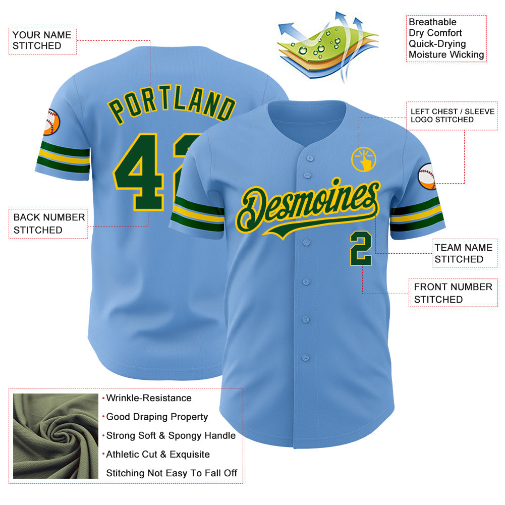 Custom Light Blue Green-Yellow Authentic Baseball Jersey view 3