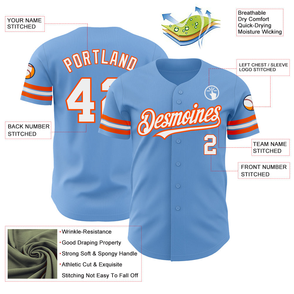 Custom Light Blue White-Orange Authentic Baseball Jersey view 3