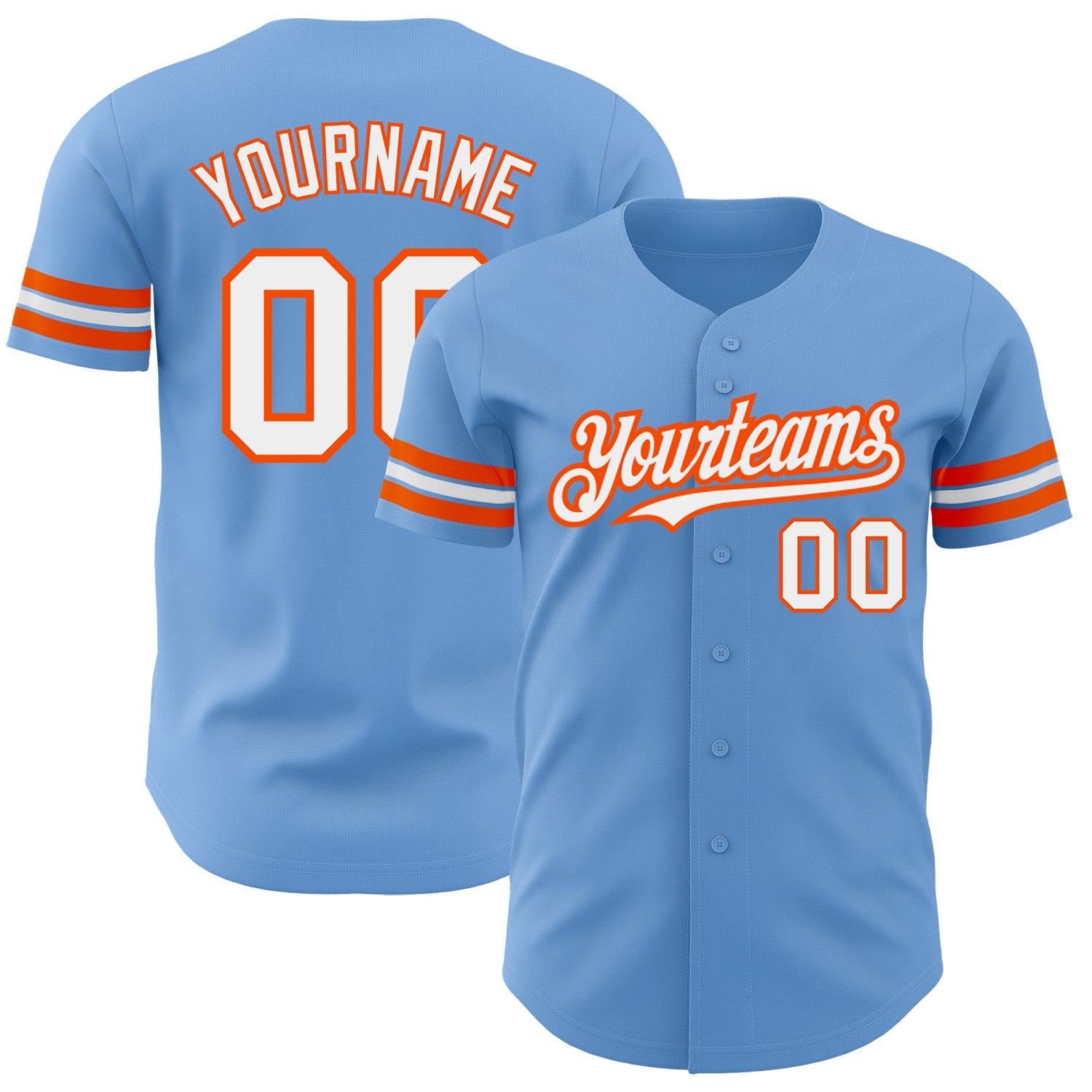 Custom Light Blue White-Orange Authentic Baseball Jersey - Main View