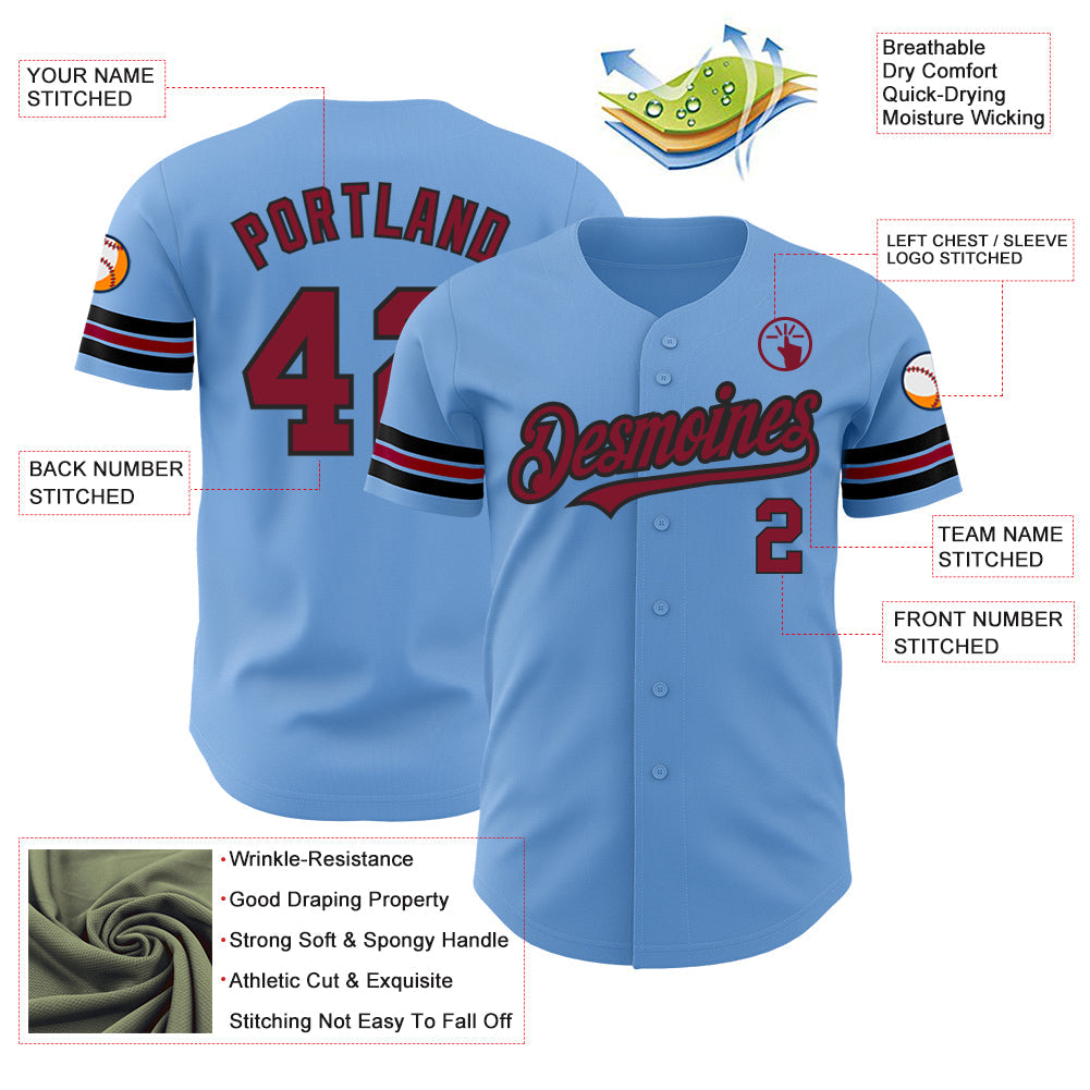 Custom Light Blue Crimson-Black Authentic Baseball Jersey view 3